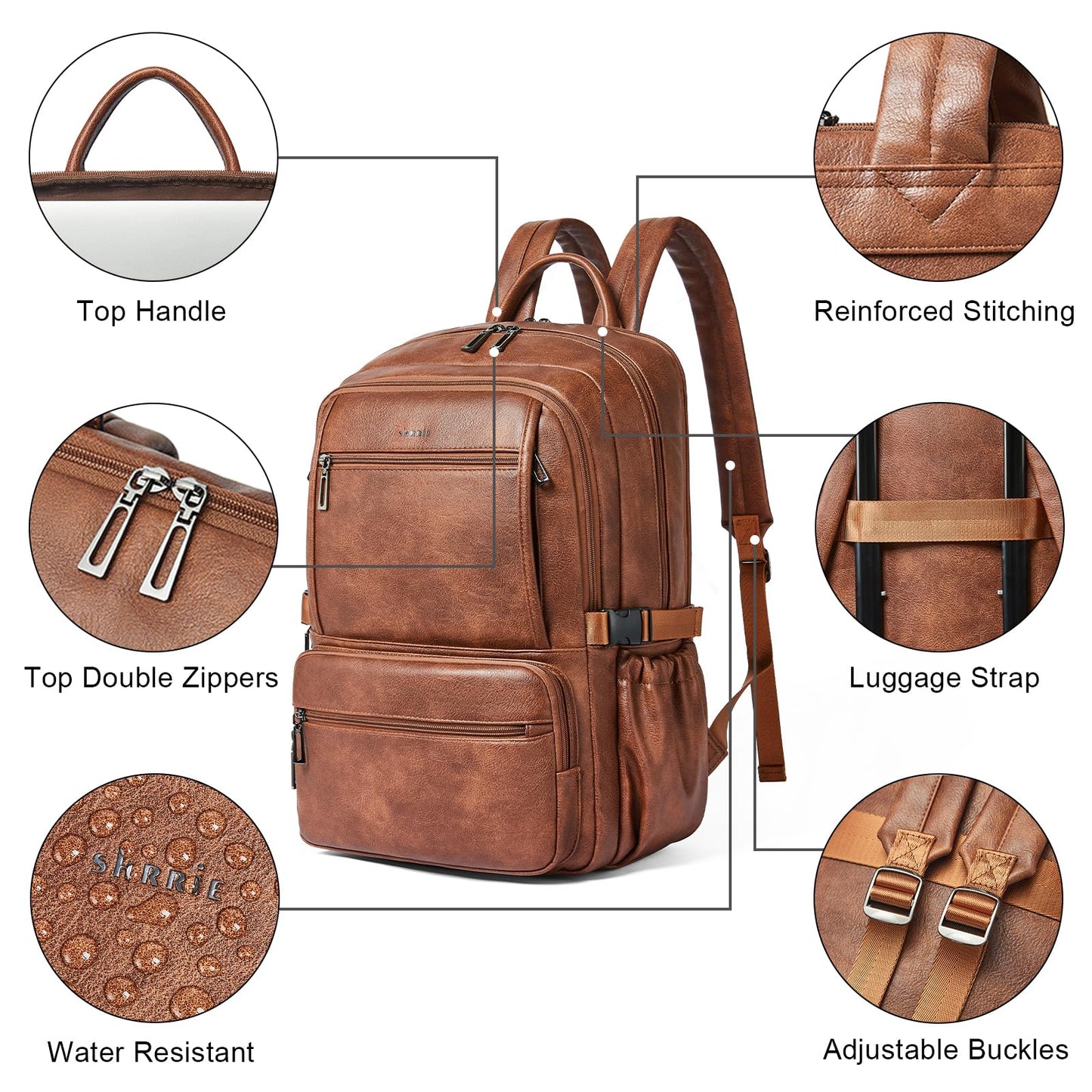 Shrrie 17 Inch Laptop Leather Backpack Work Laptop Backpack Purse for Women Mens Travel Back Pack Large Capacity for Business College Women Convertible Tote Brown Backpack Computer Purse