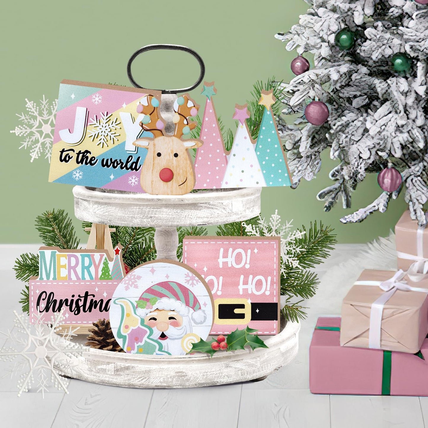 Uruney Merry Christmas Tiered Tray Decor, Pink Xmas Tree Santa Deer Tray Decorations, Hohoho Joy to The World Snowflake Wooden Signs, Holiday Rustic Farmhouse Home Decor for Table Shelf Mantel Party
