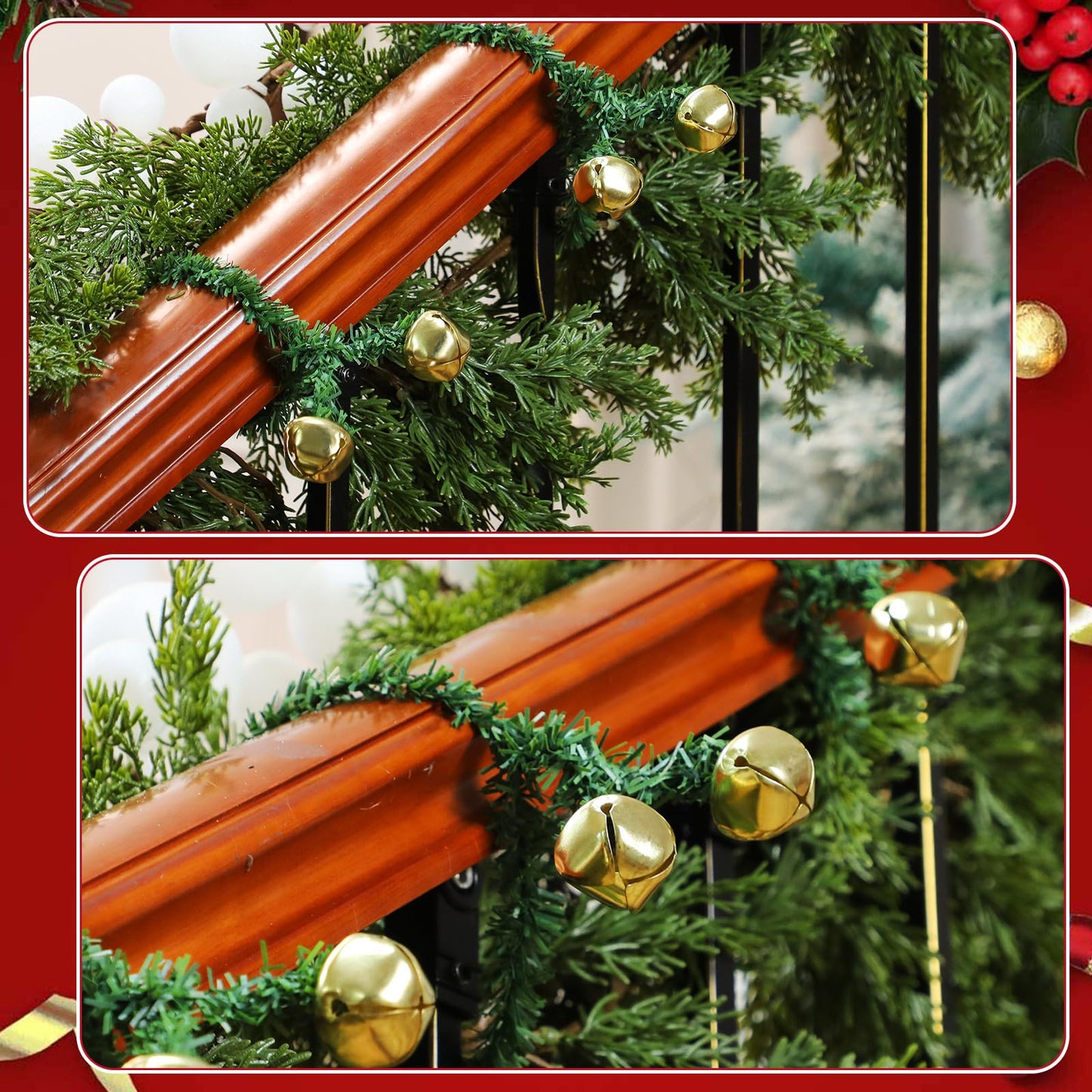 Motionchic 25 Pcs 20 Inches Christmas Garland Ties with Bells Decorative Twist Ties Garland Hanger for Banister Stairs Railing Garden Reusable Flexible Twist for Xmas Holiday Decorations (Gold)