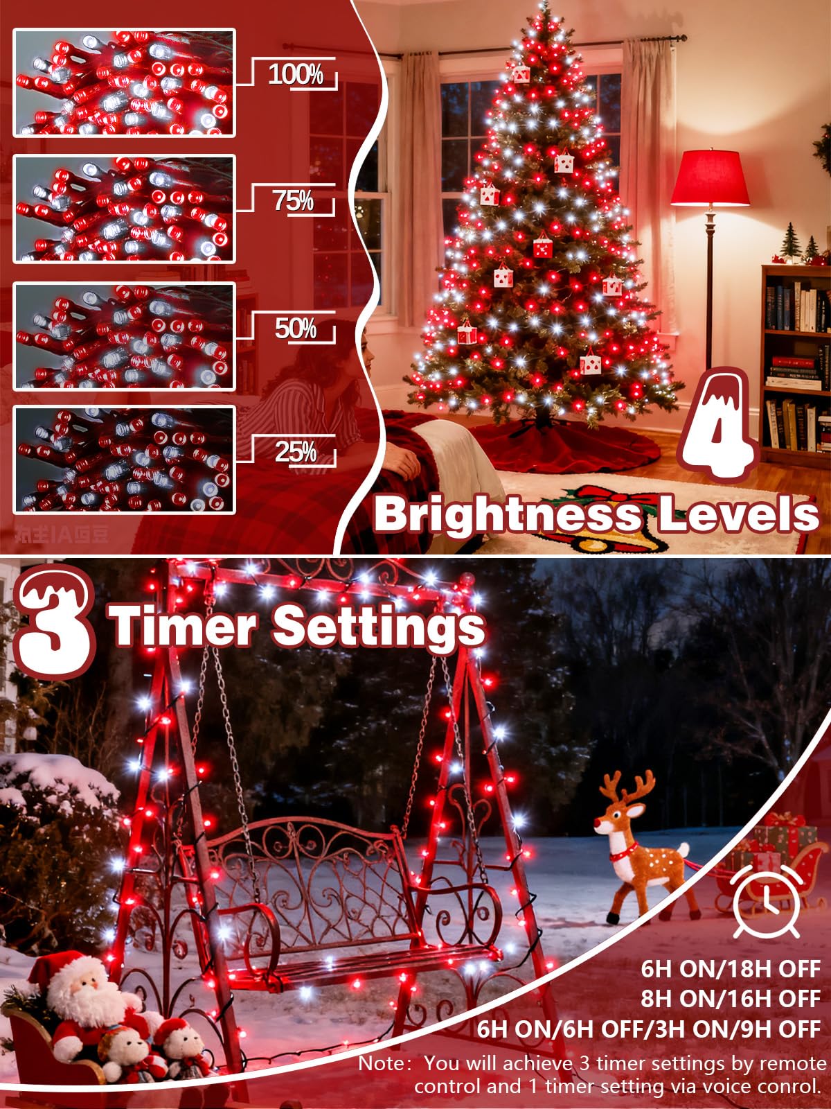 Voice Controlled Christmas Lights with Remote, 99 FT 300 LED String Lights Indoor Outdoor with 12 Modes 3 Timers, Dimmable Twinkle Light Plug in Waterproof for Xmas Tree Party Decor, Red and White