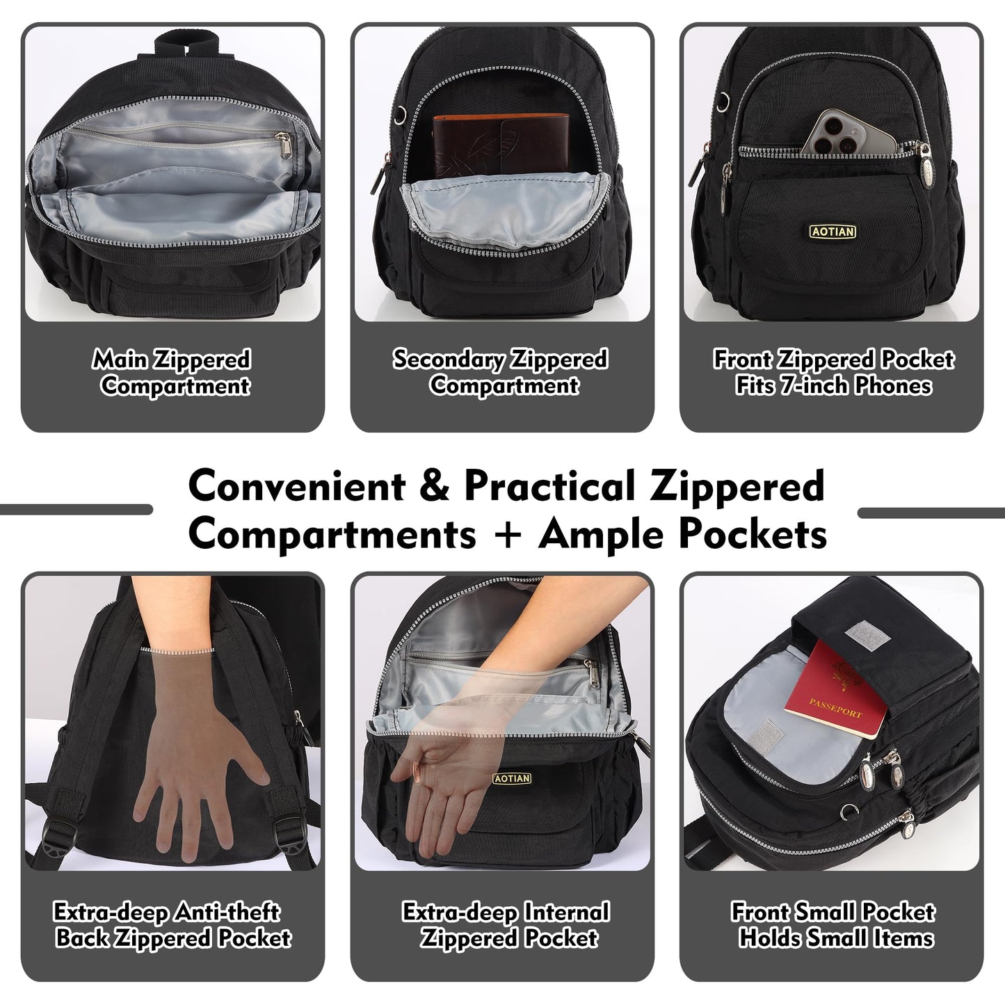 AOTIAN Mini Nylon Women Backpacks Casual Lightweight Small Daypack for Girls