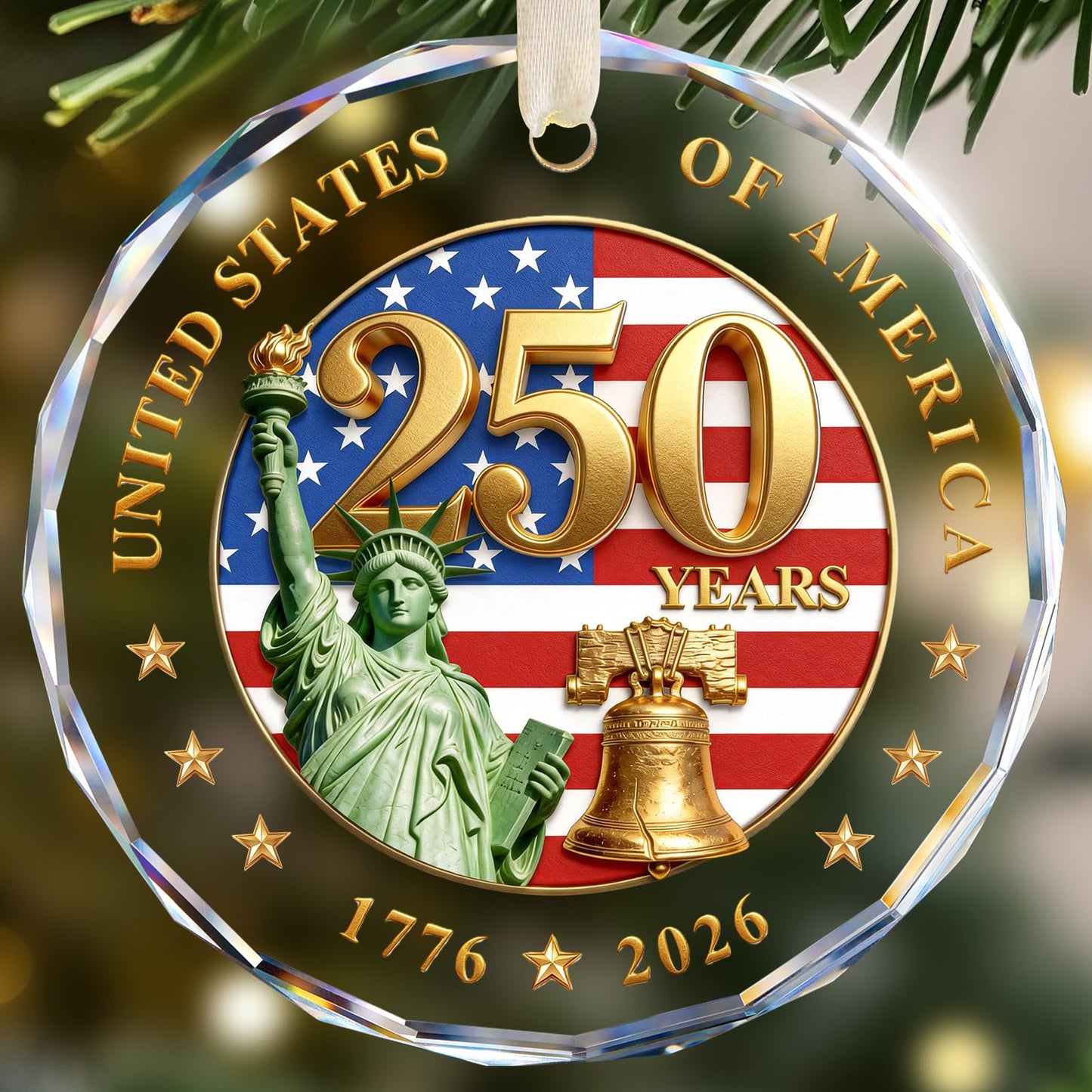 250 Anniversary USA Ornament for Fourth of July Decorations, Crystal Glass 1776-2026 Liberty Bell Memorial Day Decorations, USA 250th Anniversary Merchandise 4th of July Gifts for Men Women
