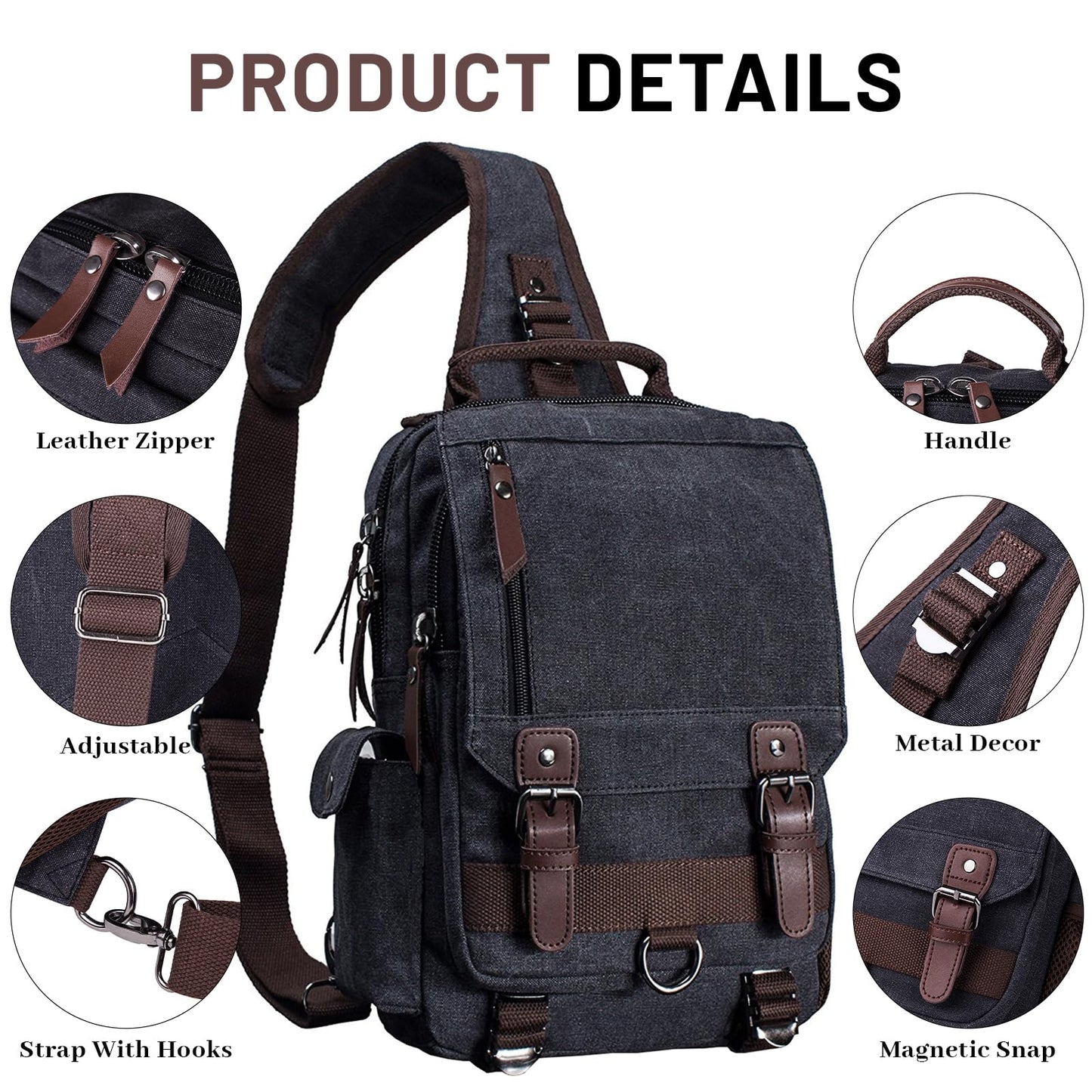 mygreen Crossbody Bag, Canvas Chest Leather Messenger Bag with One Strap Sling for Travel and Hiking (Large, Black)