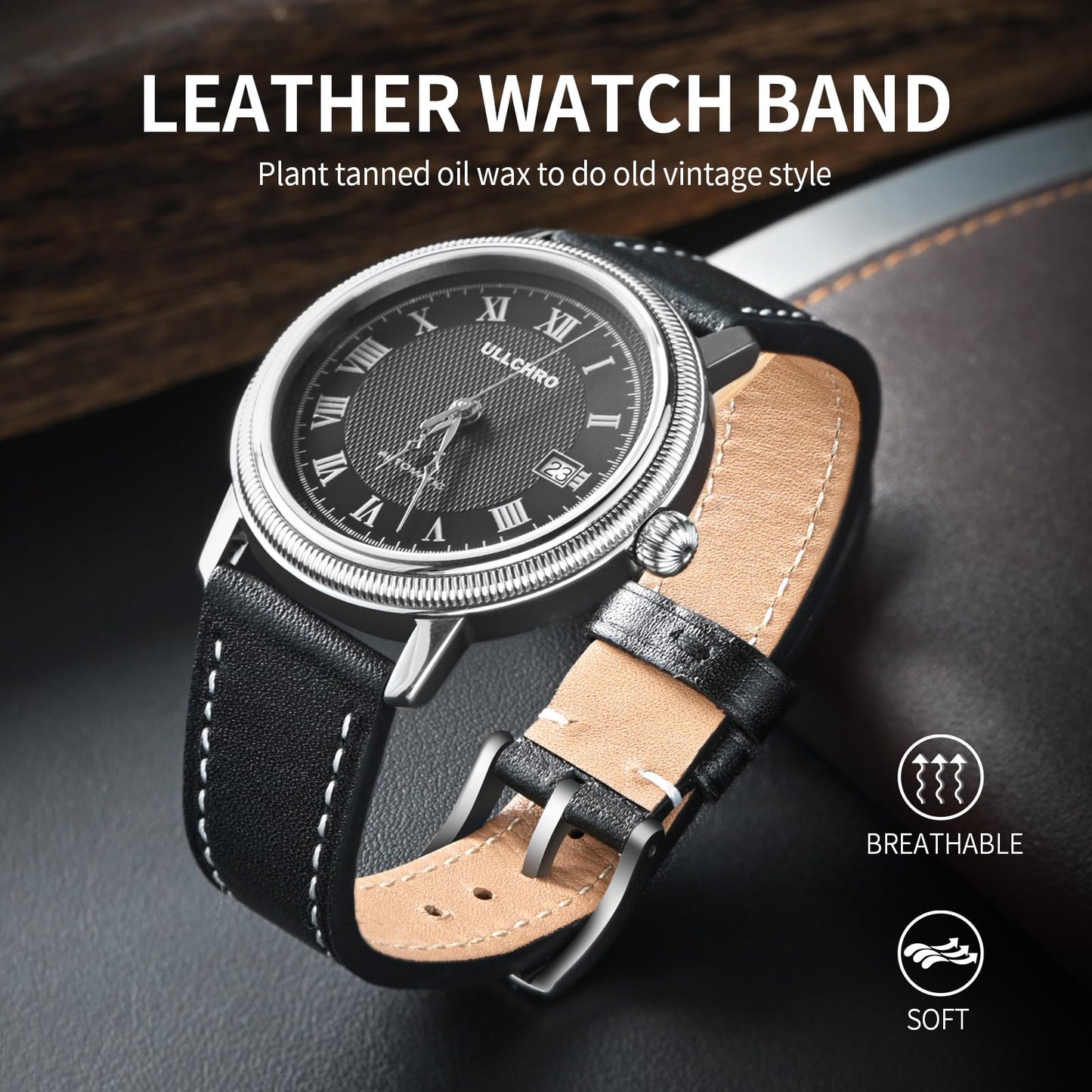 ULLCHRO Leather Watch Straps for Men & Women - Quick Release - Stainless Steel Buckle - Replacement Strap - Band With 17mm, 18mm, 19mm, 20mm, 21mm, 22mm (22mm, Black)