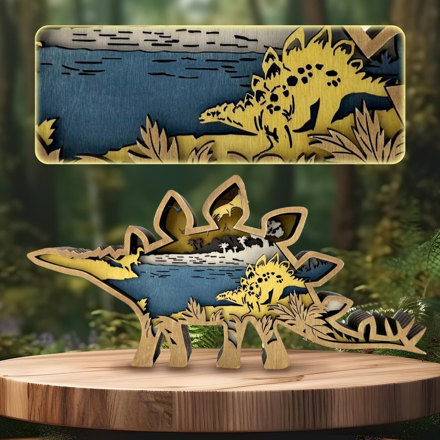 3D Wood Carving Lamp Home Creative Decorative, Funny Family Presents Ideas Christmas Living Room Office Decor Warm LED Night Lights Christmas Birthday Gift for Friend Son Dad Boys (Stegosaurus)