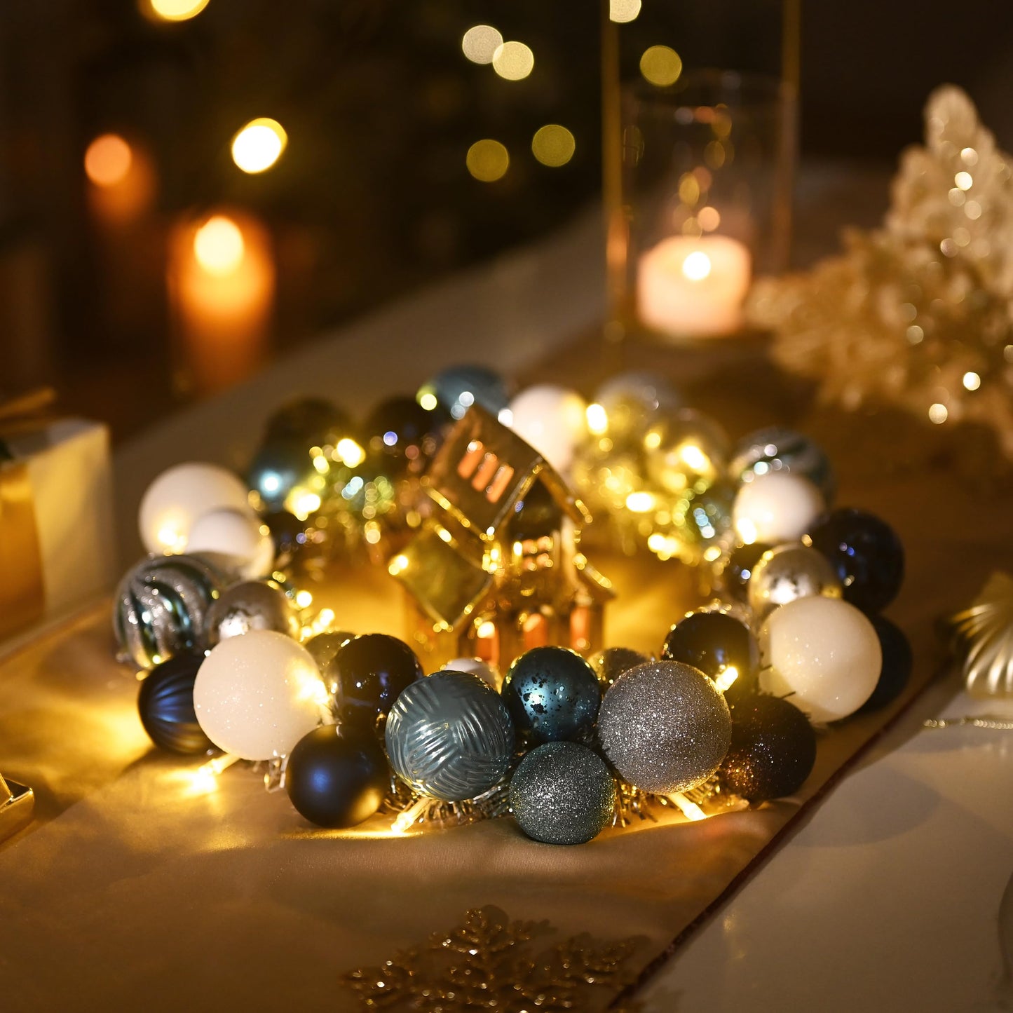 Valery Madelyn Pre-Lit Christmas Ball Wreath for Front Door with Lights, 13'' Lighted Christmas Wreath with Silver Blue Xmas Ball for Fireplace Window Outdoor Table Centerpiece Holiday Home Decoration