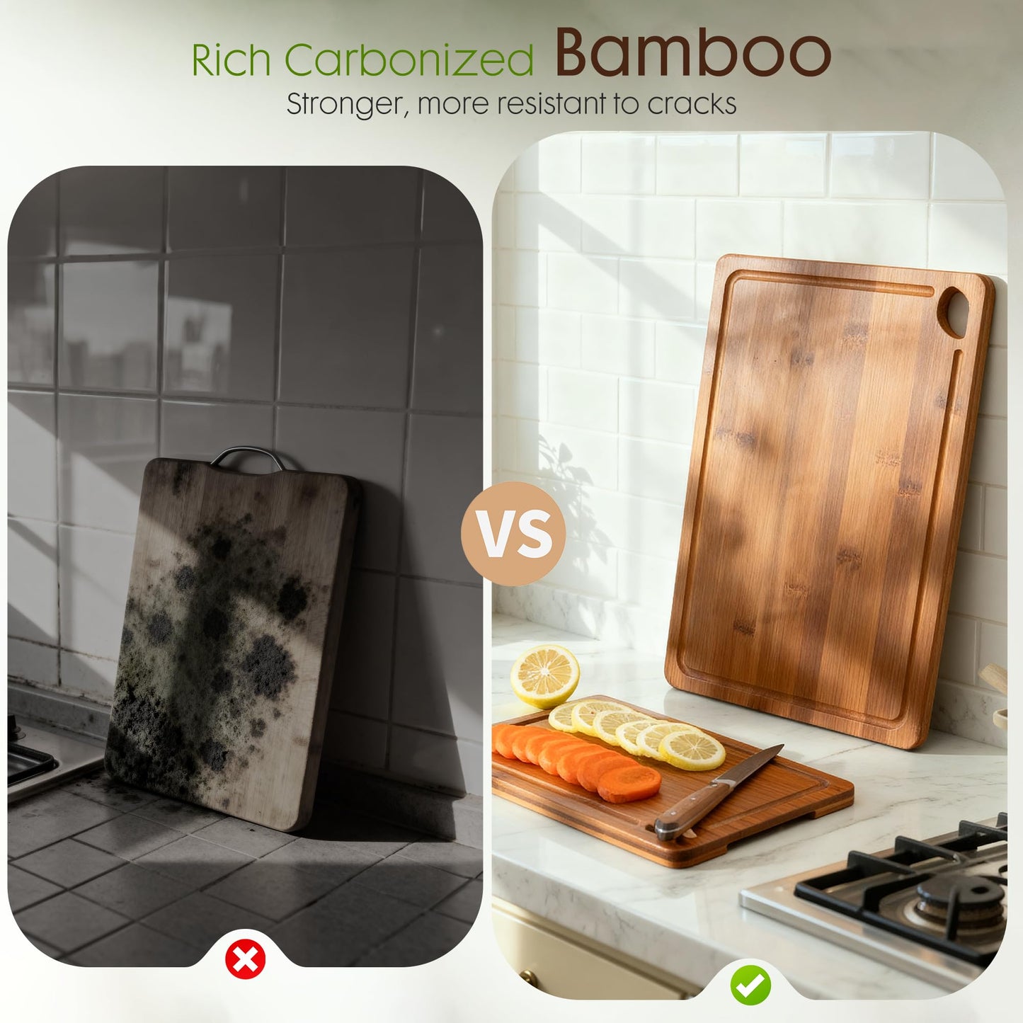 Astercook Deep-Carbonized Bamboo Cutting Boards for Kitchen with Wood Storage Stand, Reversible Charcuterie & Chopping Boards with Juice Grooves and Easy-Grip Handles, Fathers Day Gift for Men