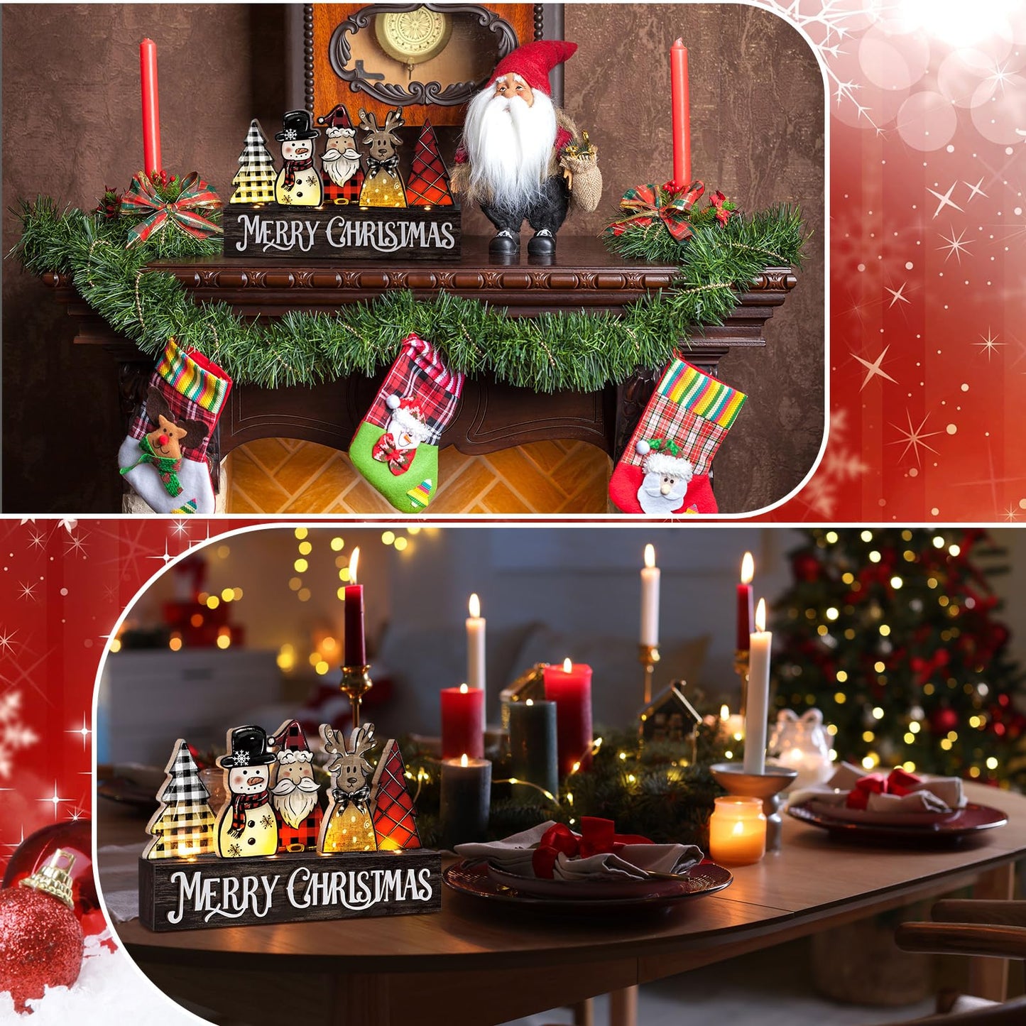 Chunful Lighted Wooden Christmas Tree Decor Rustic Christmas Tabletop Decoration Sign Xmas Tree Santa Reindeer Snowman Table Centerpieces for Home Office Fireplace Farmhouse Xmas Party Table Decor