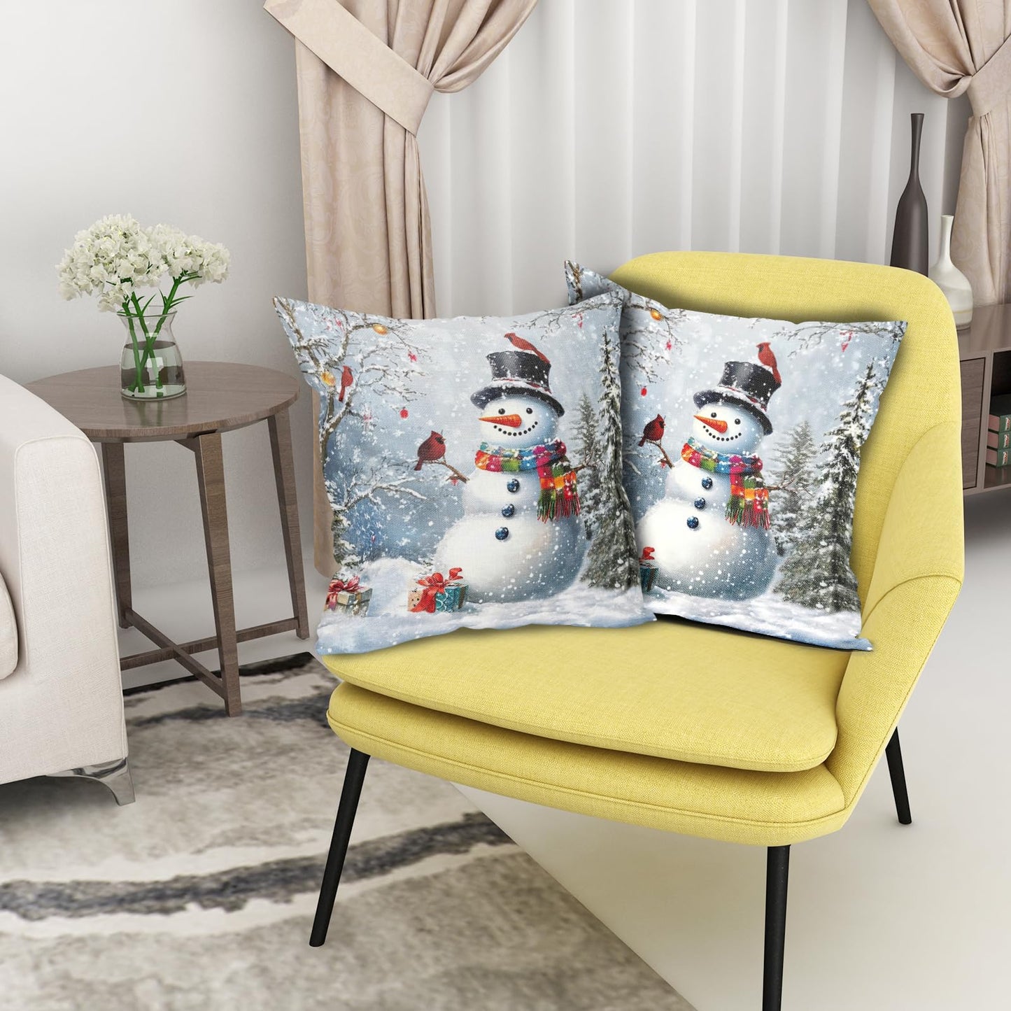 Evlaschin Snowman Pillow Covers Set of 2 Winter Snowflakes Birds Christmas Decorative Throw Couch Pillowcases Cotton Linen Double Sided 20x20 Inches Xmas Trees Holiday Indoor Outdoor Cuchion Covers