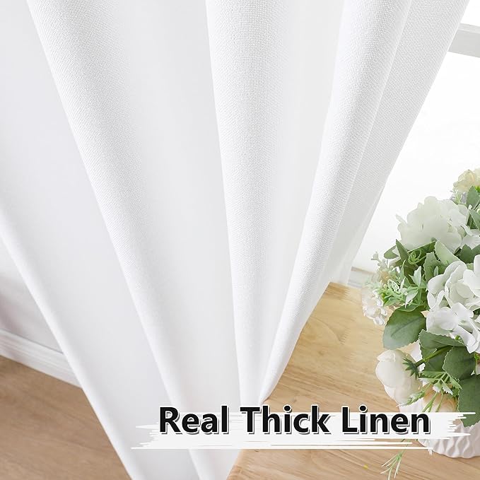 Tollpiz Linen Curtain Bedroom Rod Pocket Semi Sheer Curtains Burlap Light Filtering Thick Linen Drape for Living Room, 38 x 84 inches Long, White, Set of 2 Panels