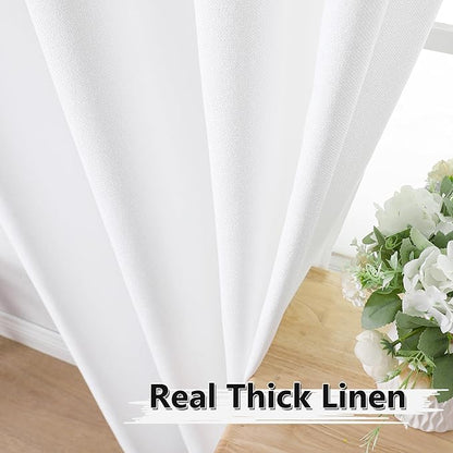 Tollpiz Linen Curtain Bedroom Rod Pocket Semi Sheer Curtains Burlap Light Filtering Thick Linen Drape for Living Room, 38 x 84 inches Long, White, Set of 2 Panels