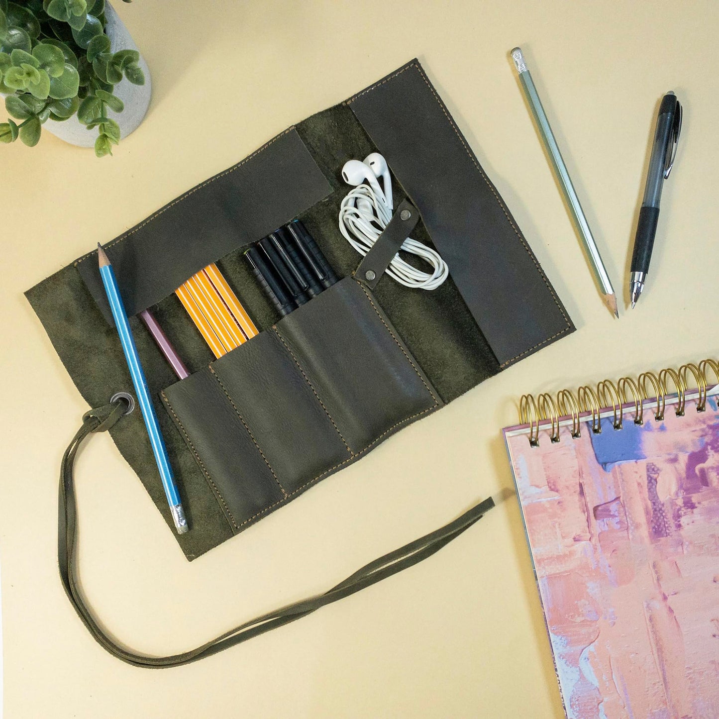 Hide & Drink, Rustic Leather Pencil Roll Pouch, Multi-Purpose Storage Wrap for Scissors, Earphones, Organizer for Craft, Work, Handmade (Dark Jade)