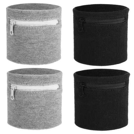 Aphumedc 4 Pcs Wrist Wallet Wrist Sweat Bands with Zipper Breathable Sweat-Wicking Wristband Pouch for Women Men Ankle Wallet Carry Cell Phone Keys Cash for Running Walking - Black & Gray