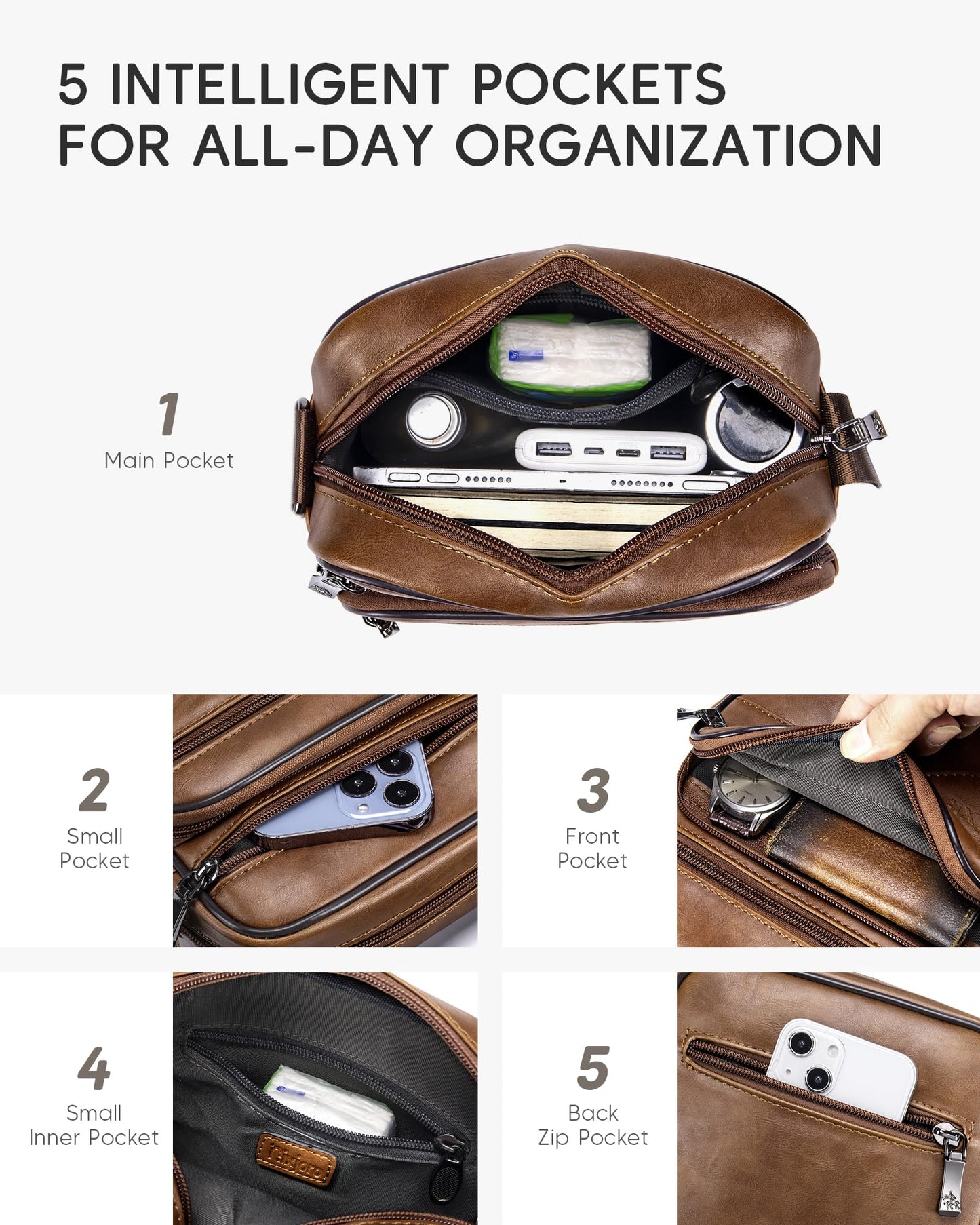 Nixjoro Vegan Leather Men Purse Small Messenger Cross Body Bag Satchel Sling Shoulder Bag for Work Business Travel, Brown