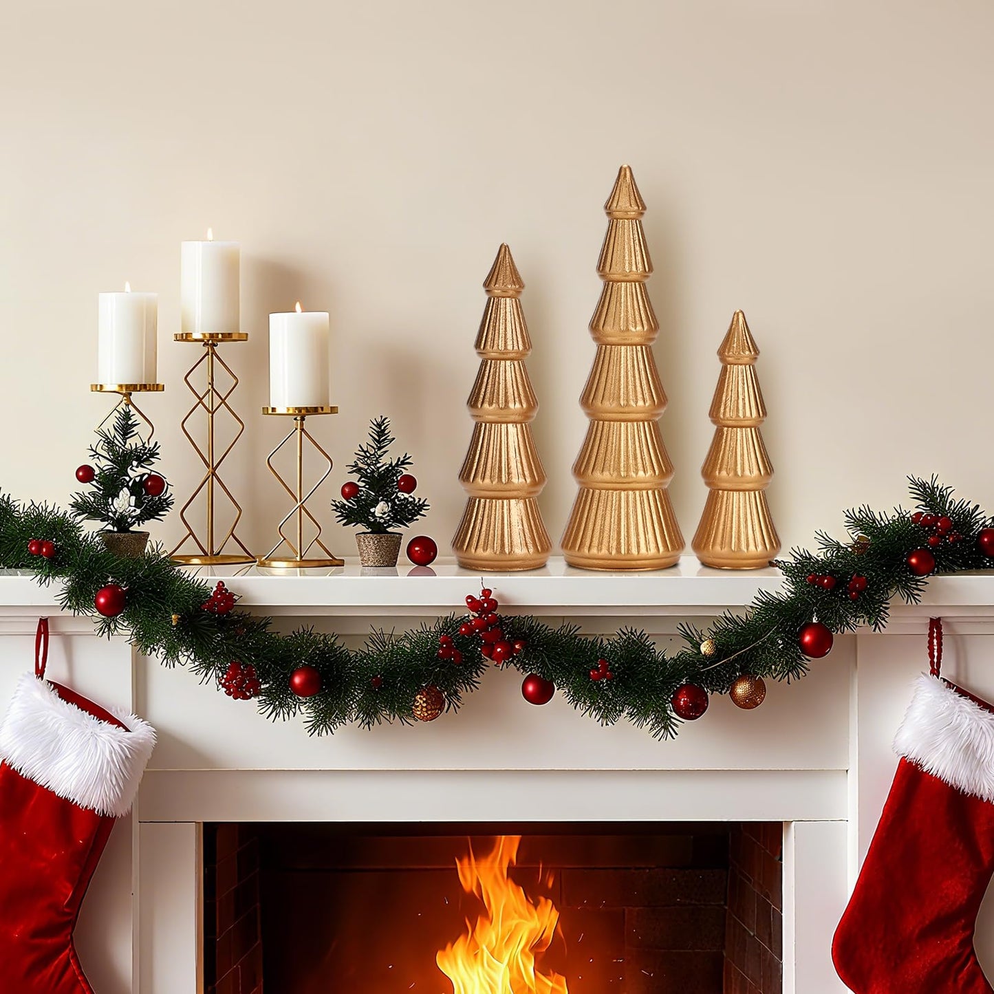 Fivebop Wooden Christmas Tree Figurine, 3 Pcs Tabletop Xmas Tree, Christmas Centerpiece Decor for Home Entryway Mantel Shelf Table Fireplace Holiday (Glod-Wood)