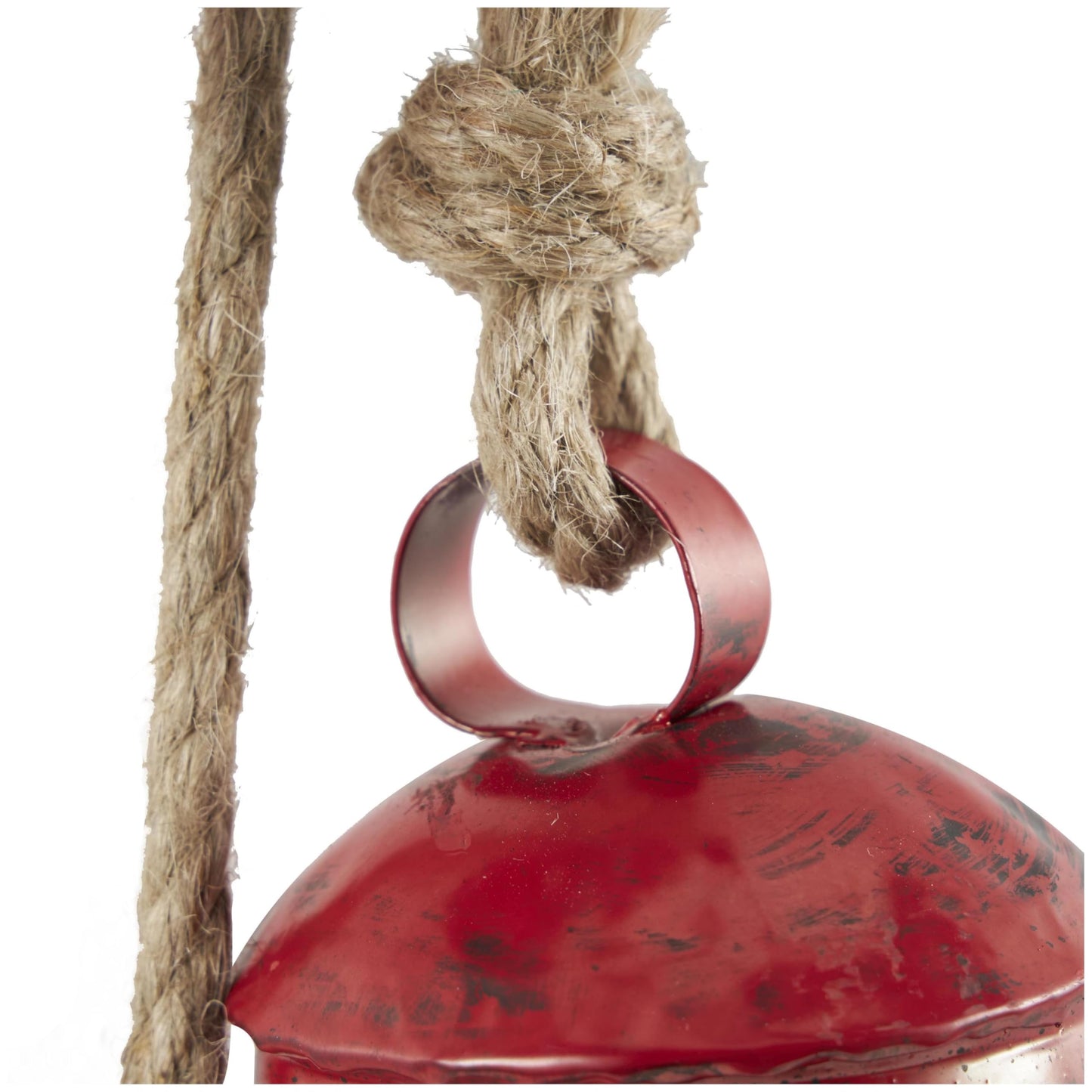 Deco 79 Metal Indoor Outdoor Decorative Cow Bells Tibetan Inspired Cascading Meditation Bell with 4 Bells on Jute Hanging Rope, Cow Bell 3" x 3" x 27", Red