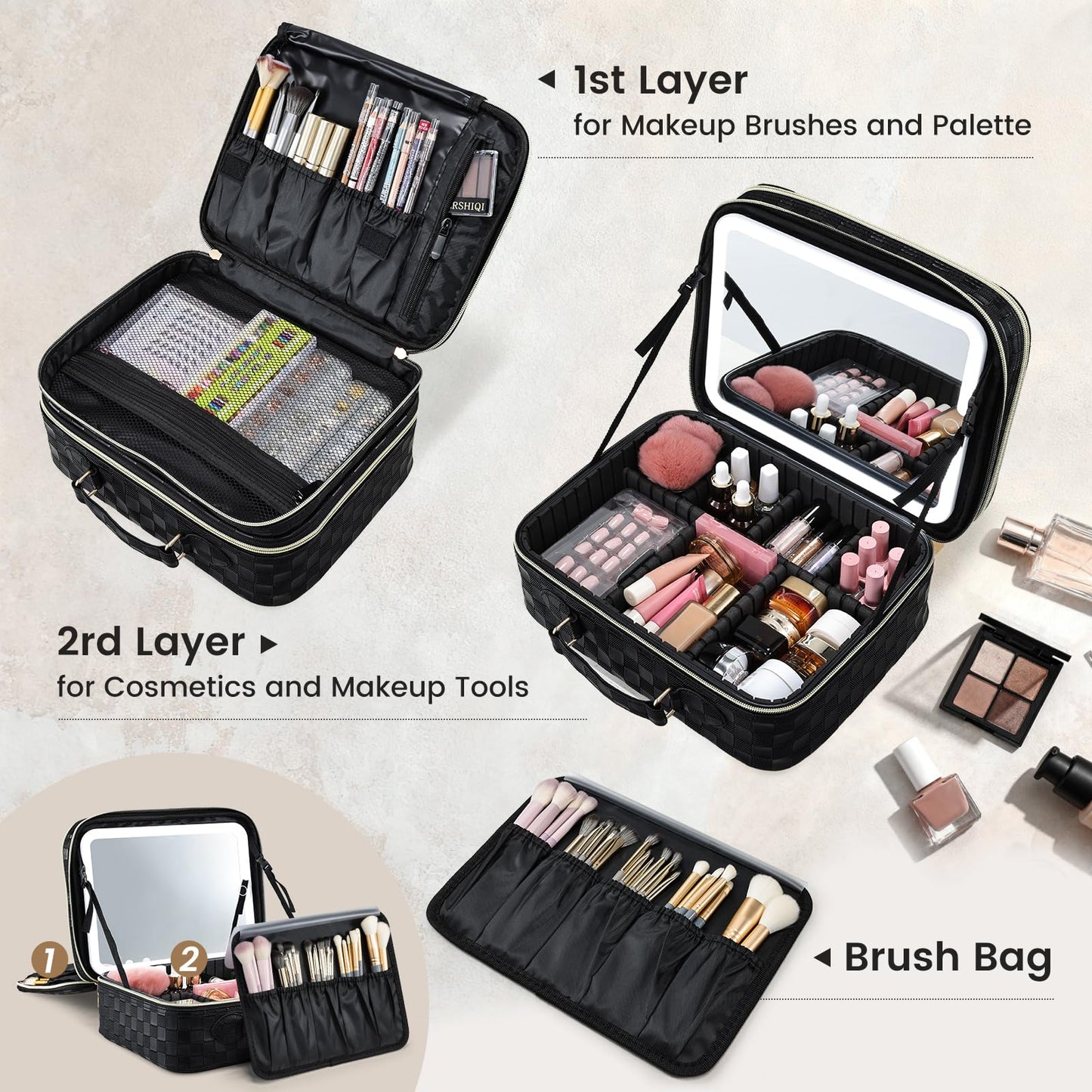 Makeup Bag with LED Lighted Mirror 12.2 IN Cosmetic Train Case Double Layer Makeup Case Adjustable Brightness in 3 Colors Cosmetic Organizer Artist Storage with Brush Holder Vanity Black Checkerboard