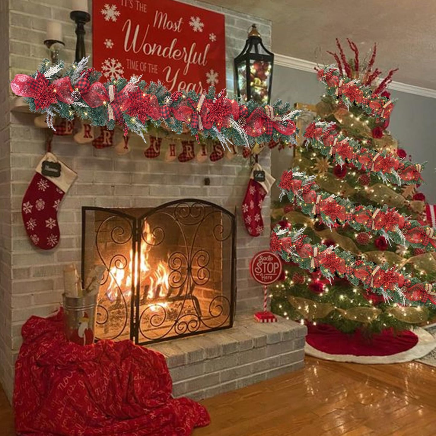 prelit 6 feet Christmas Garland with 30 LED Lights,Buffalo Plaid Christmas Decoration,Holiday Mantel Garland,red and Black Xmas Porch Decor,Fireplace Decor,Lighted Farmhouse Garland with Timer