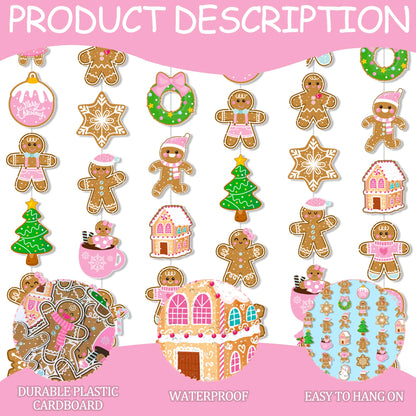 Gingerbread Theme Garlands Pink Christmas Decorations Girls 8Pcs Gingerbread House Xmas Tree Paper Garland Banners Christmas Party Supplies for Winter Holiday Birthday Wall Door Ceiling Decor