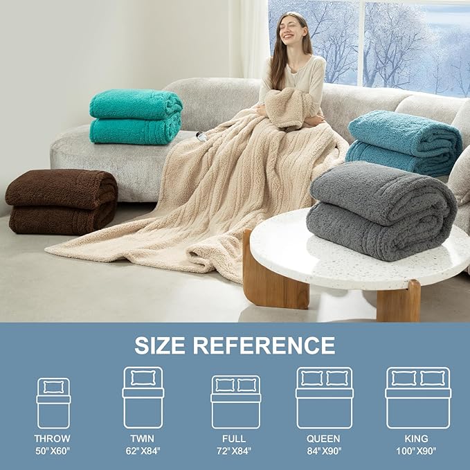 Heated Blanket Throw 50"X60" - Soft Double Sided Sherpa Electric Blanket Throw with 5 Heatings Levels & 4 hrs Auto Shut Off, Overheat Protection & ETL Certified for Women(Blue)
