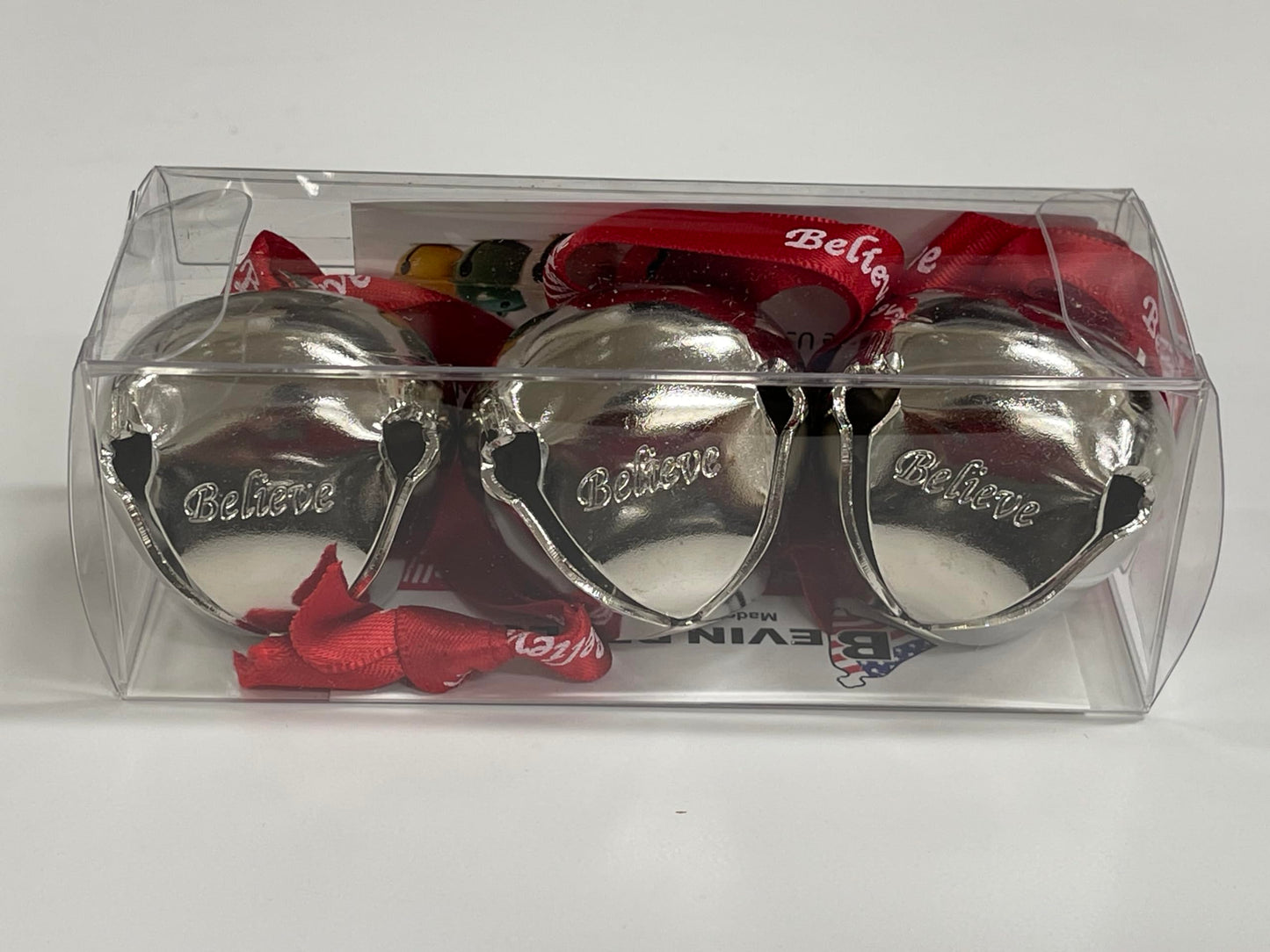 Bevin Bells Believe Sleigh Bells Ornament (3-Pack) | 1.5" Made of Steel | Hanging Bells with a Red Satin Believe Ribbon & Red Velvet Bag | Great Tone | Xmas Gift or Stocking Stuffer | Made in USA