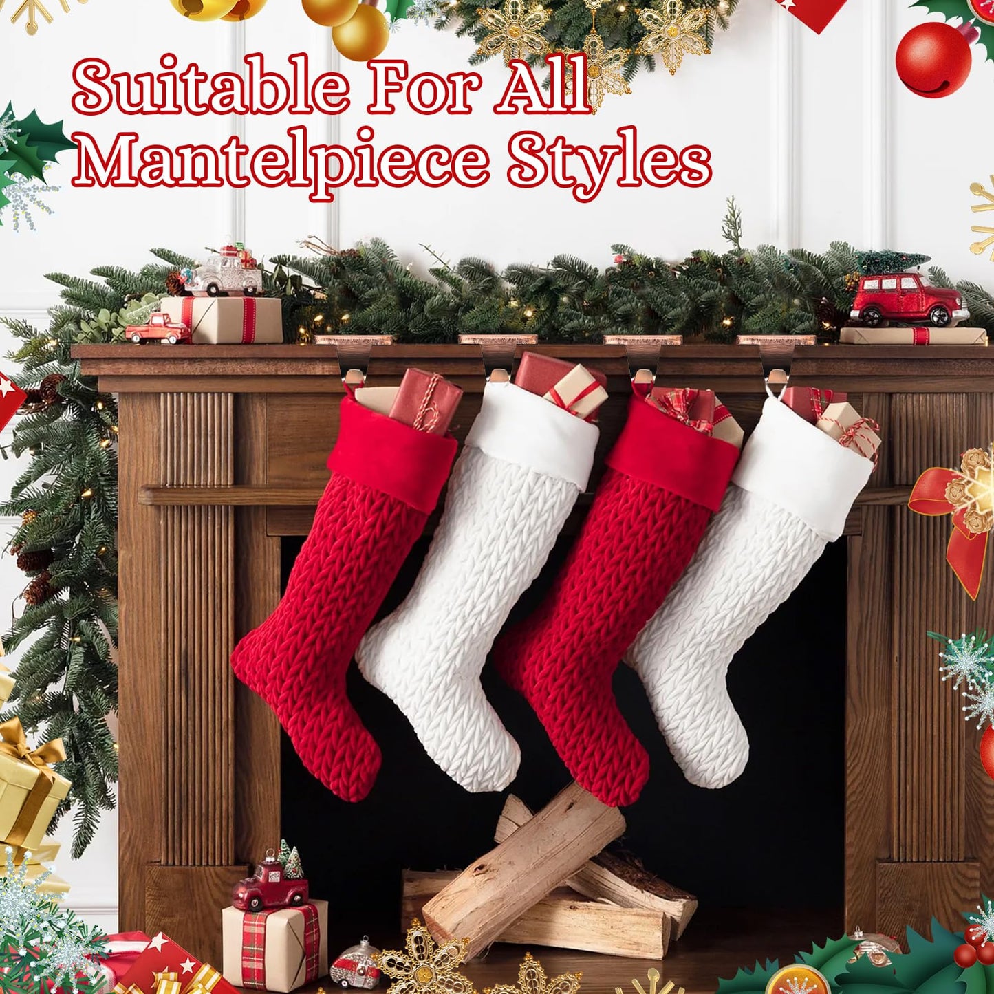 HMASYO Christmas Stocking Holders for Mantle Set of 4, Heavy Duty Iron Stocking Hangers Base, Low Profile Weighted Stocking Holder Hooks for Fireplace Tabletop Shelf Christmas Decoration, Copper