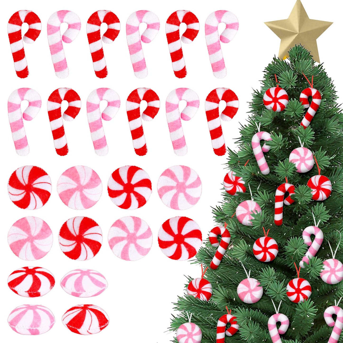 Whaline Christmas Felt Candy Canes Ornament Set Xmas Red Pink White Candy Hanging Decorations with String for DIY Garland Art Crafts Home Party Decor Supplies, 24 Pcs