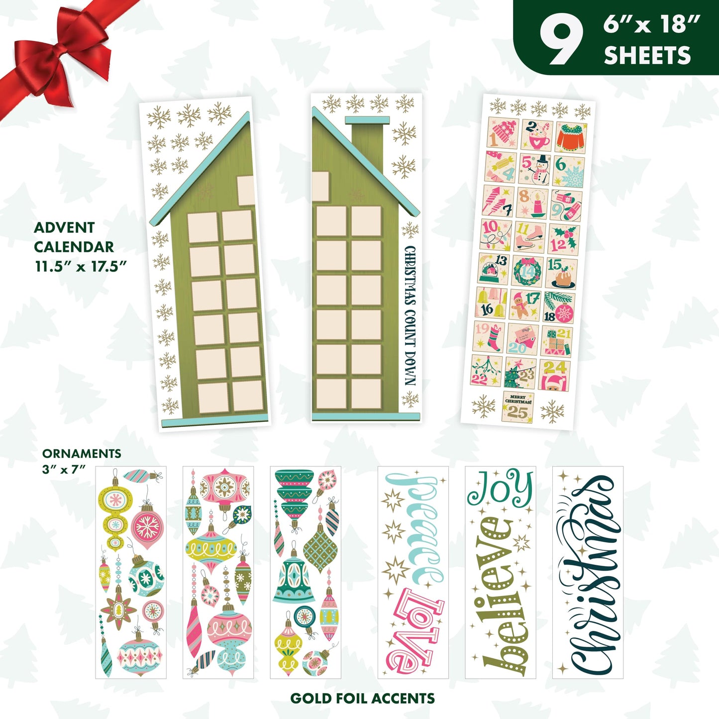 Wall Wear Trendy Christmas Decal Kit – 9 Peel & Stick Sheets with Festive Ornaments, Snowflakes & Countdown Calendar. Removable, Water-Resistant & Rental-Safe Holiday Wall décor.