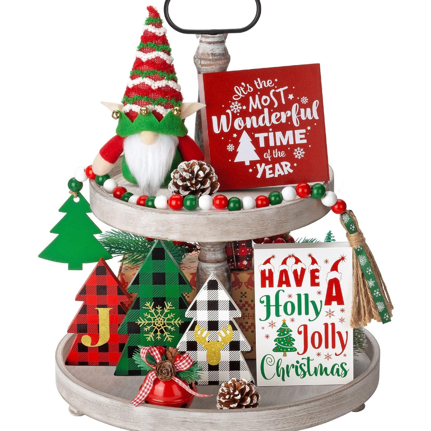 Farmhouse Christmas Tiered Tray Decor - 10 PCS Set with Wooden Signs & Gnome Plush - Kitchen Table, Mantel, Party