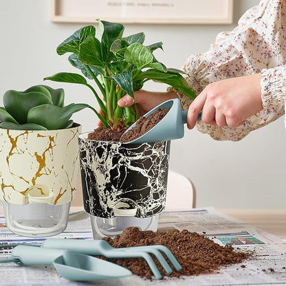 4.8 Inch Self Watering Pots for Indoor Plants 2 Pack, Plastic Modern Decorative Plant Pots with Transparent Water Reservoir, Outdoor Garden Flower Herb Succulent Pot, Marble Printed