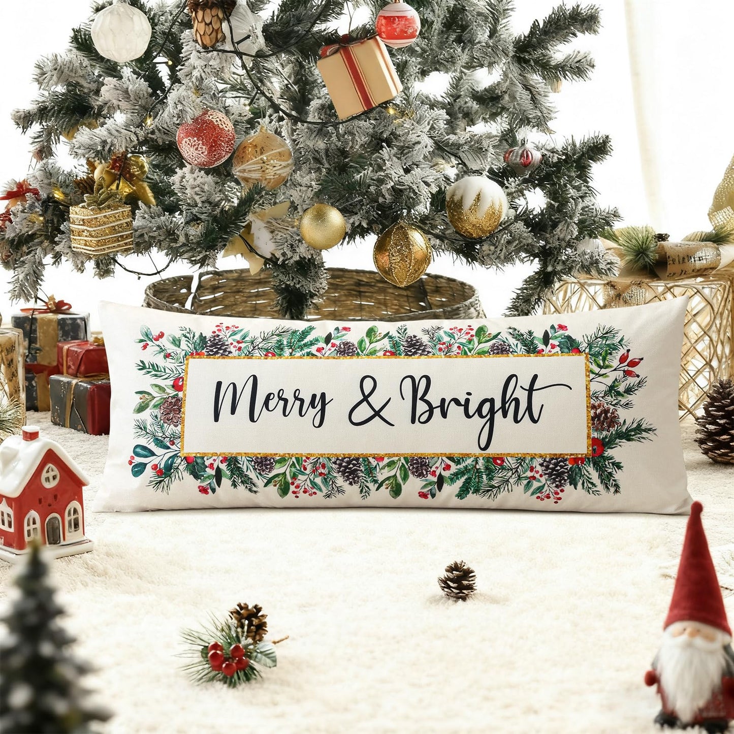 OTOSTAR Merry Bright Christmas Decor Pillow Cover 14x36 Inch Extra Long Lumbar Decorative Throw Pillow Case Eucalyptus Mistletoe Winter Holiday Cushion Cover for Couch Bed Sofa Decor (Merry & Bright)