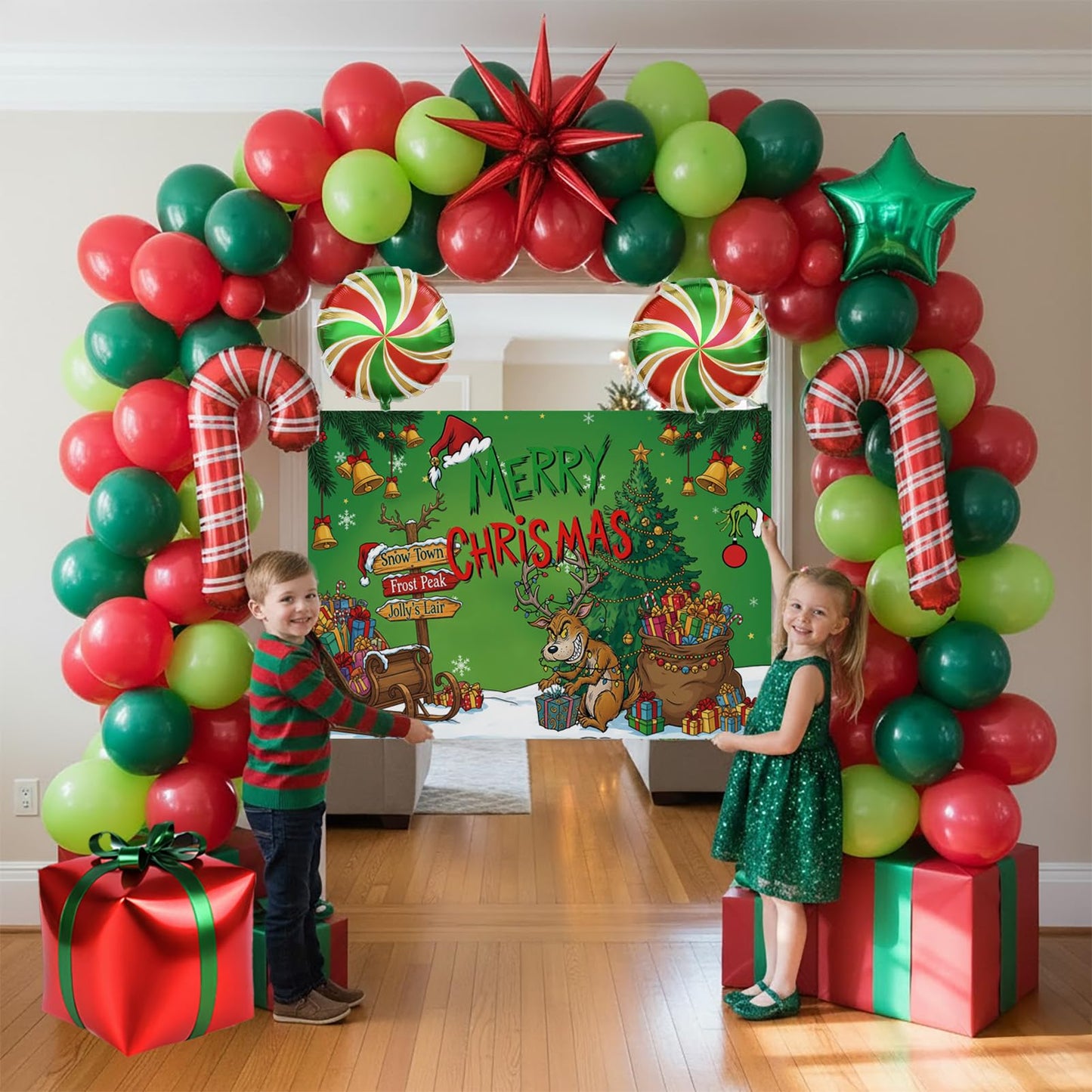 Christmas Balloon Garland Arch Kit with backdrop Xmas Red Green Balloons Candy Cane Gift Box Star Foil Balloons for Christmas New Year Birthday Party Decorations (Red Green)
