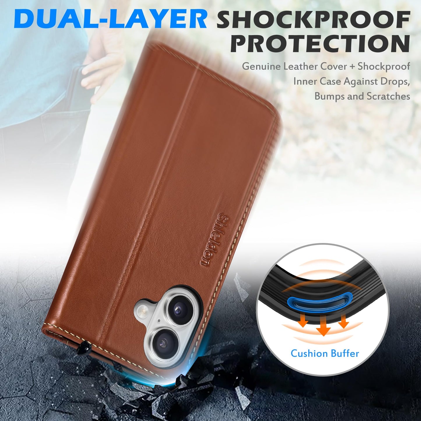 SHIELDON Genuine Leather Case Wallet for iPhone 17 6.3-inch 5G 2025 | Foldable, Magnetic Closure, Kickstand, RFID Blocking Credit Card Holder, Shock-Absorbent Phone Cover - Retro Brown