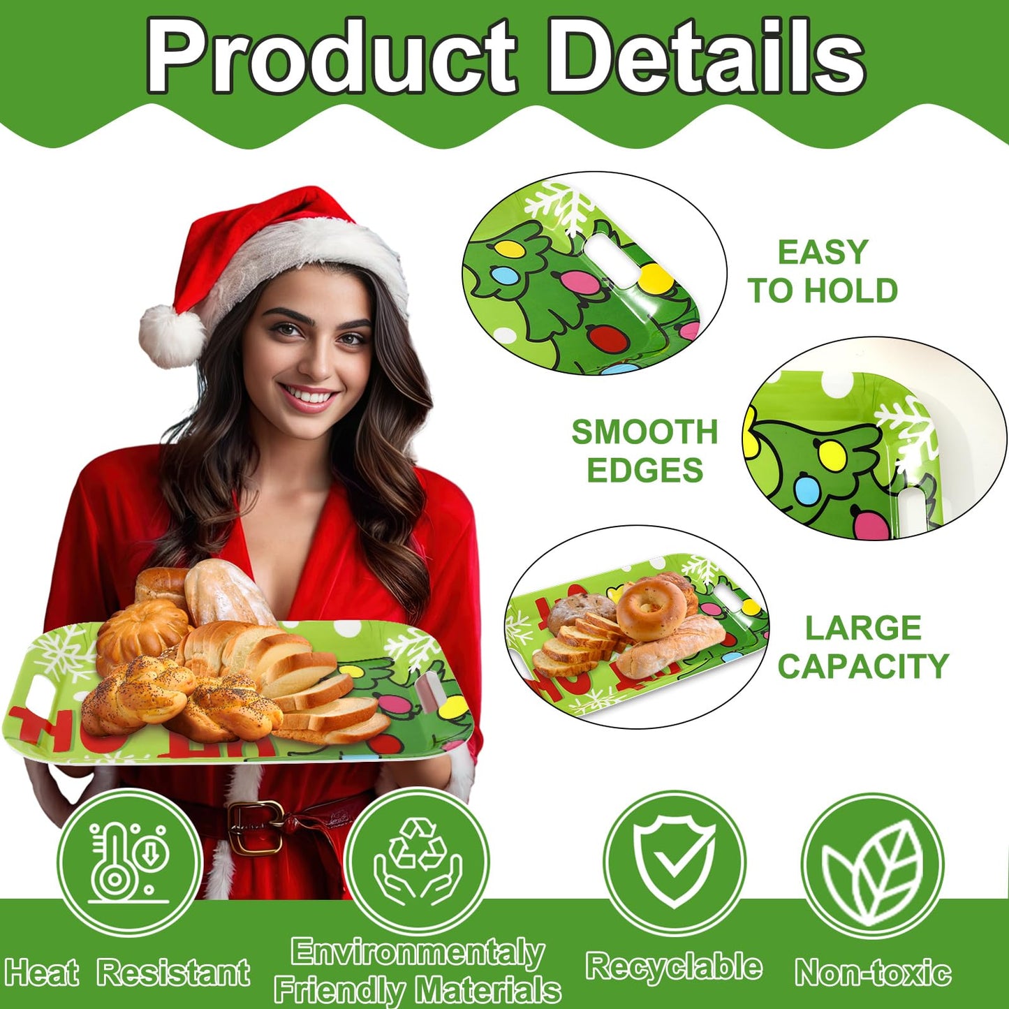 JarThenaAMCS 3Pcs Christmas Serving Trays 16.4 x 11 Inch Xmas Tree HOHOHO Snowflake Platter with Handles Reusable Green Serving Dishes for Winter Birthday Party Sharing Snacks Fruit Dessert
