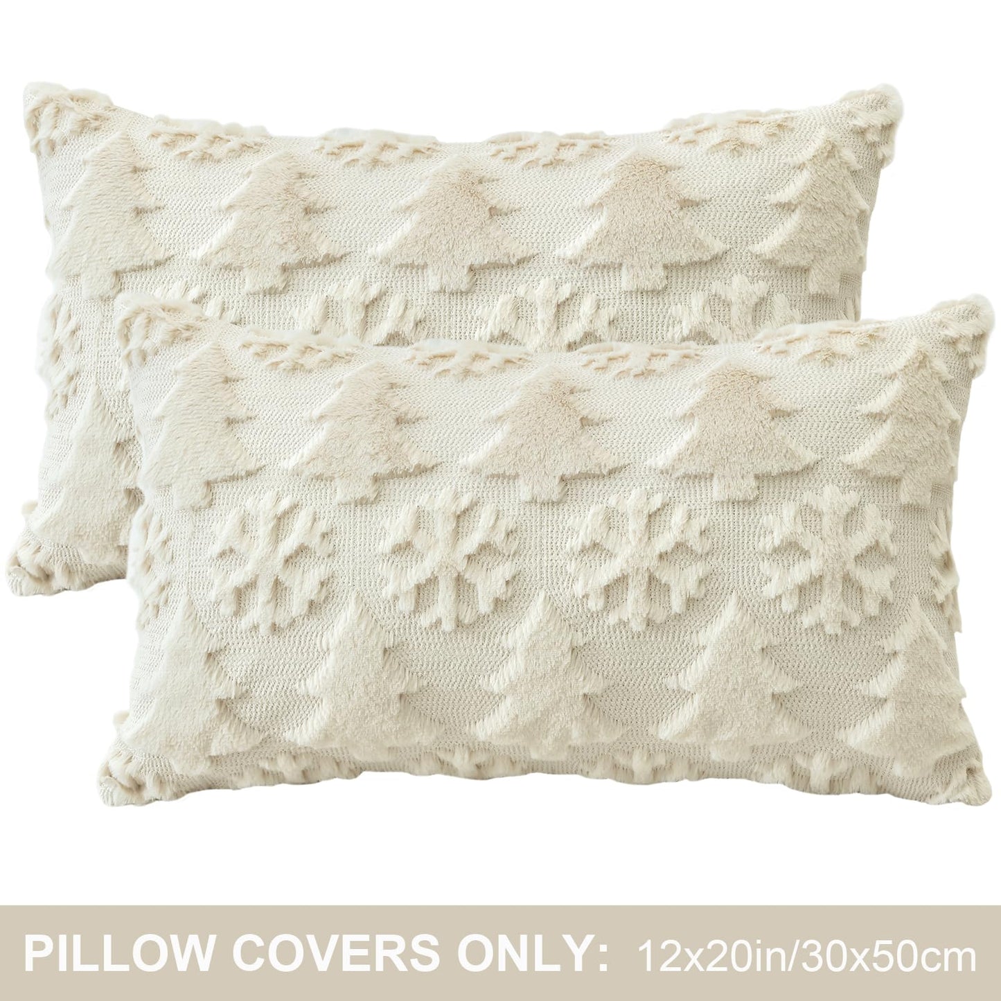 OTOSTAR Set of 2 Christmas Throw Pillow Covers 12x20 Inch, Soft Plush Faux Fur Christmas Tree Snowflake Winter Holiday Xmas Decorative Lumbar Cushion Cover Cases for Sofa Couch Bed Living Room, Beige