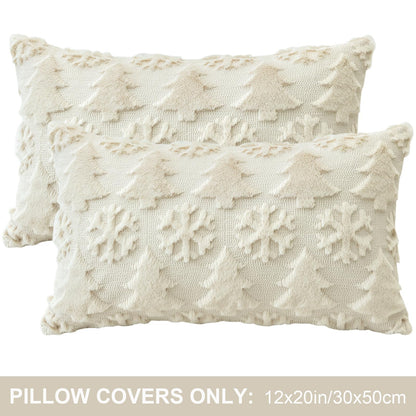OTOSTAR Set of 2 Christmas Throw Pillow Covers 12x20 Inch, Soft Plush Faux Fur Christmas Tree Snowflake Winter Holiday Xmas Decorative Lumbar Cushion Cover Cases for Sofa Couch Bed Living Room, Beige