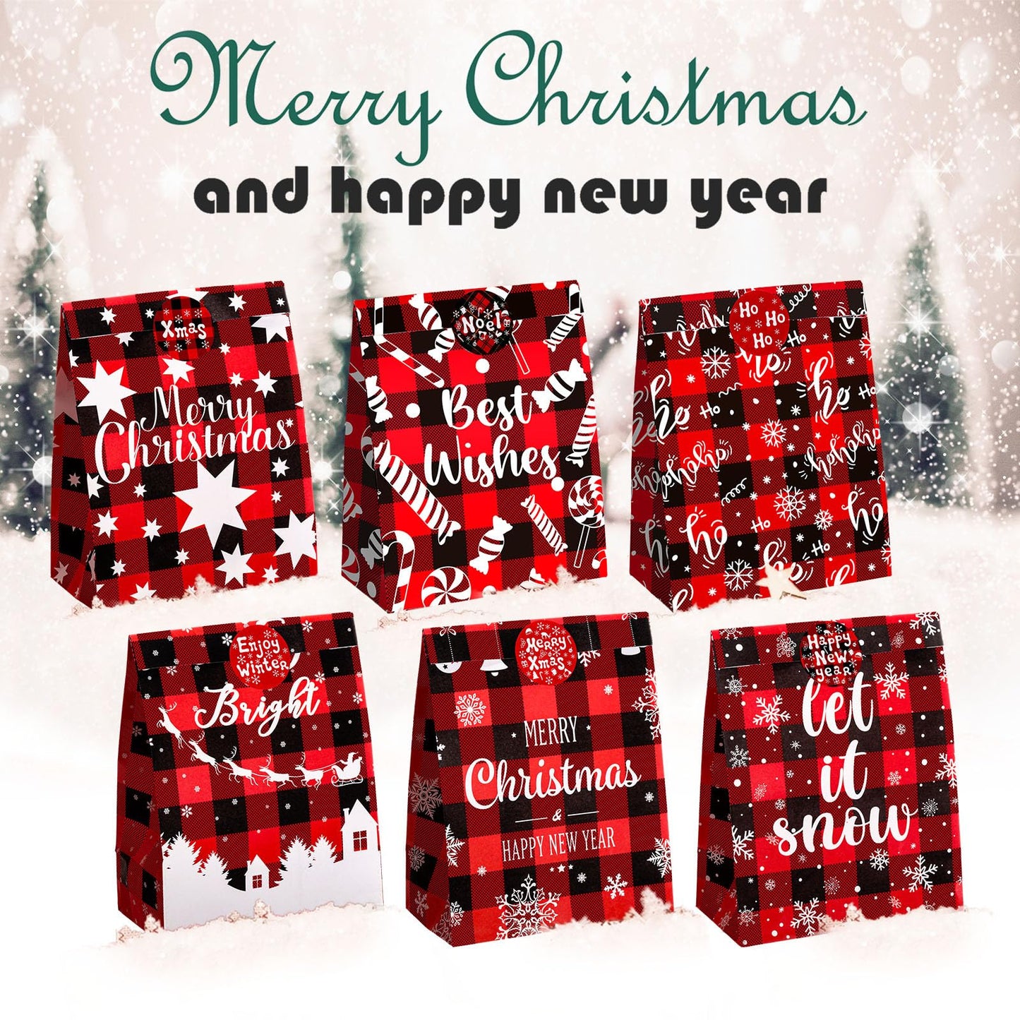 24 Pack Christmas Paper Gift Bag Xmas Goodies Candy Bags with 24 Pieces Christmas Theme Stickers Xmas Treat Tote Bags Party Decorations for Xmas Party Favors Supplies(Bright Style)