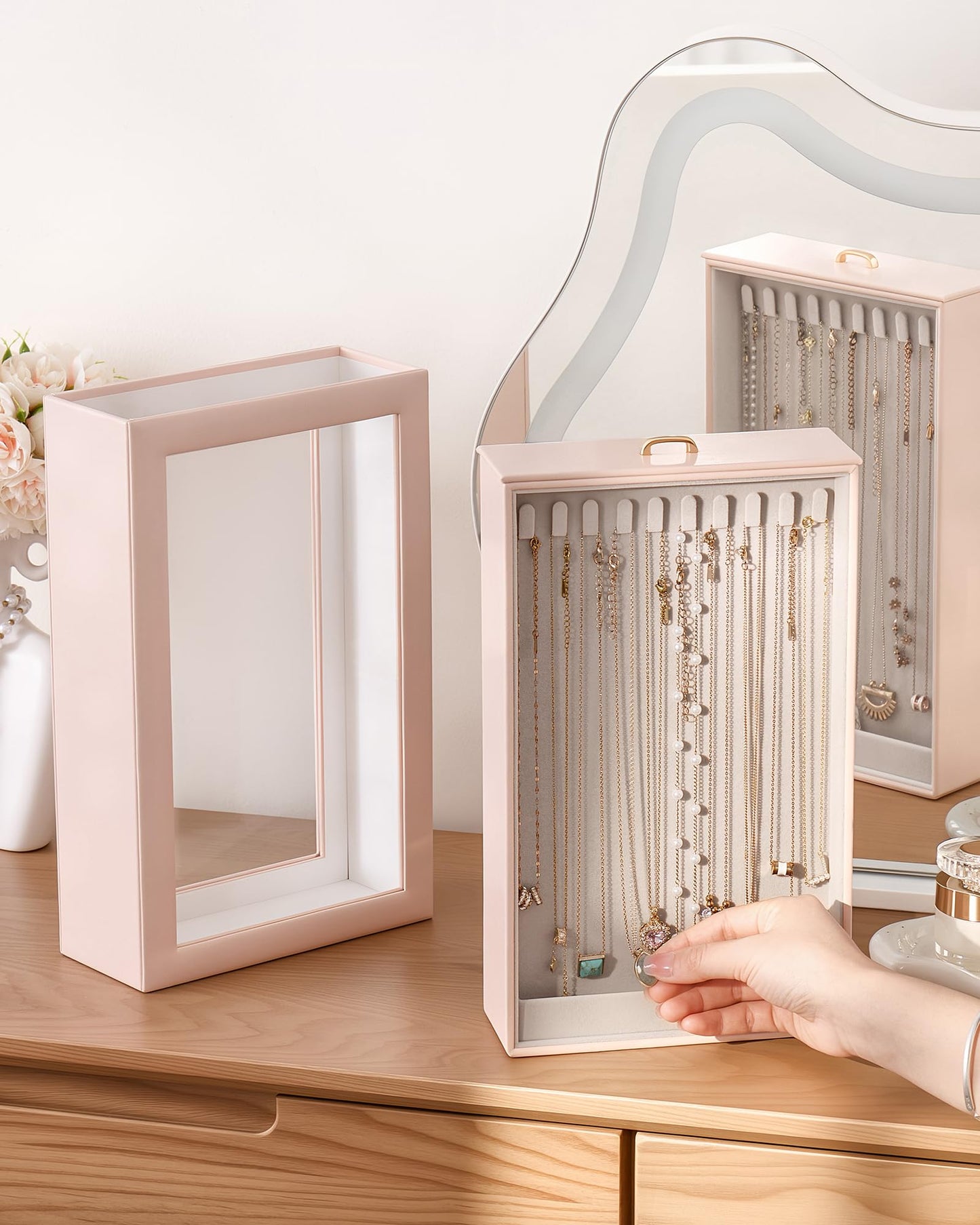 Lolalet Upgraded Double-Sided Hanging Necklace Organizer Box, Jewelry Display Case with Double-Sided Clear Window for Necklaces Bracelets, Tangle-Free Necklace Storage Box, Pink, 1-Layer 20 Hooks