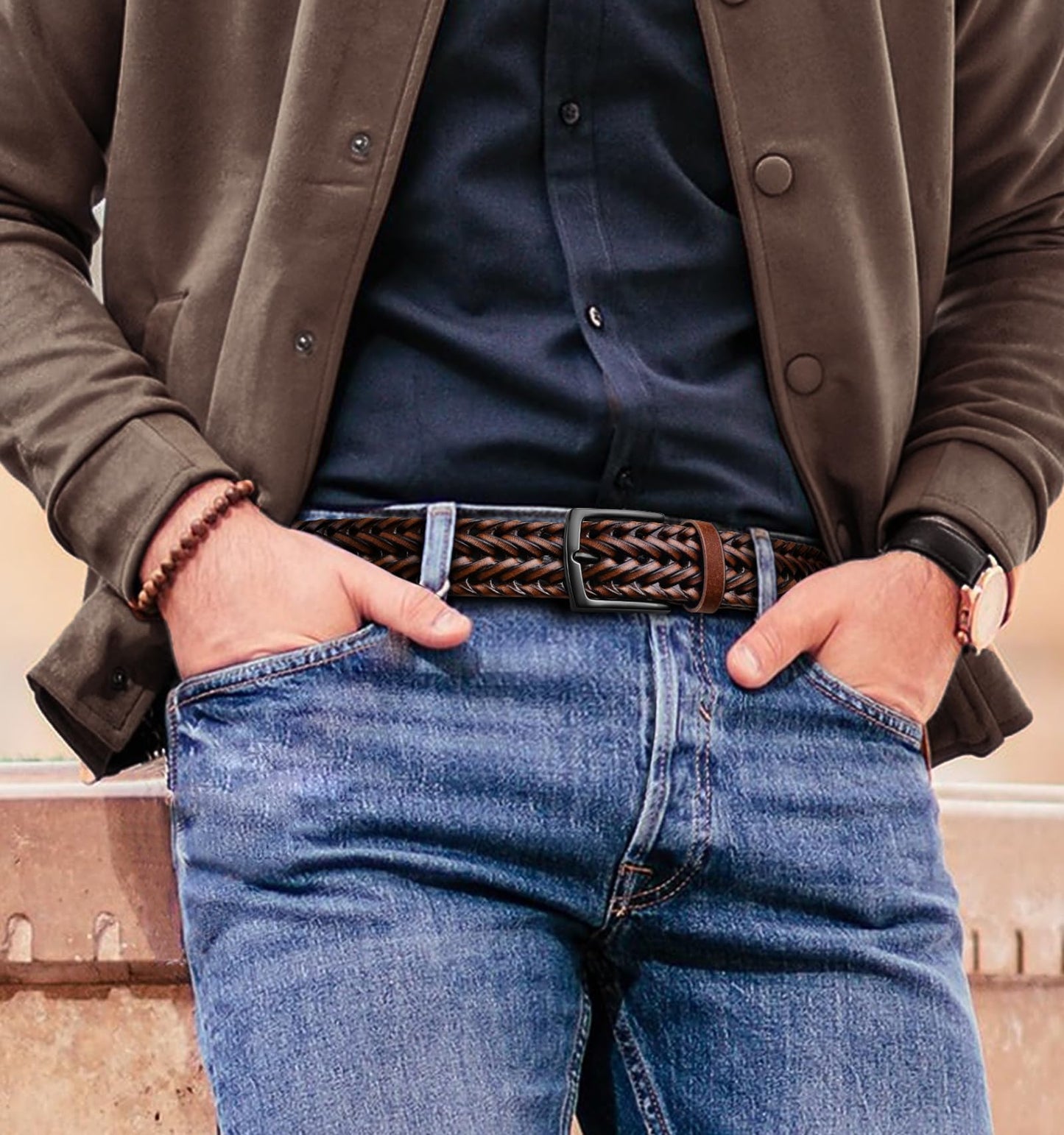 KEMISANT Men Belt, Braided Belt Comfortable For Men Casual Jean Golf 1 3/8"(Light Brown,32"-36" Waist Adjustable)