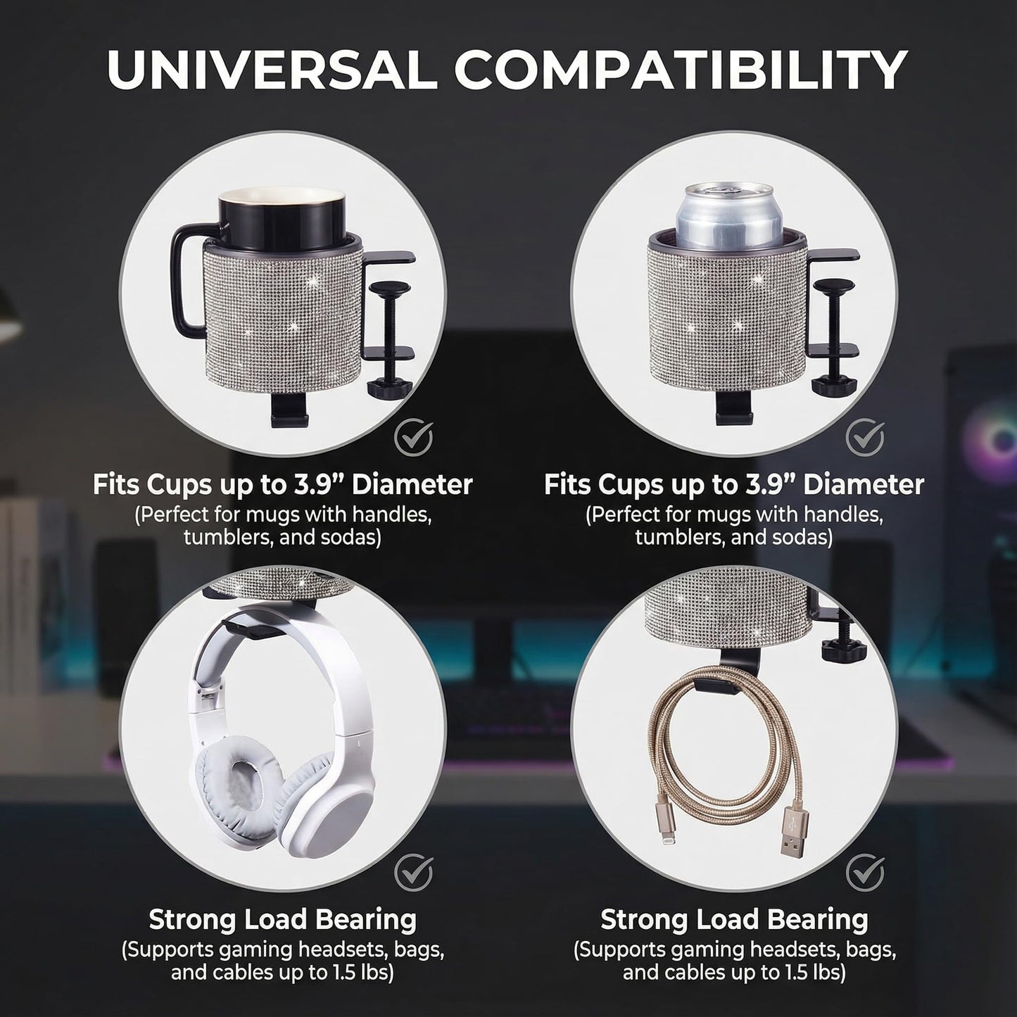cowinational Luxury 2-in-1 Desk Cup Holder with Headphone Hanger for Office, Home, Gaming(Bling Bling)