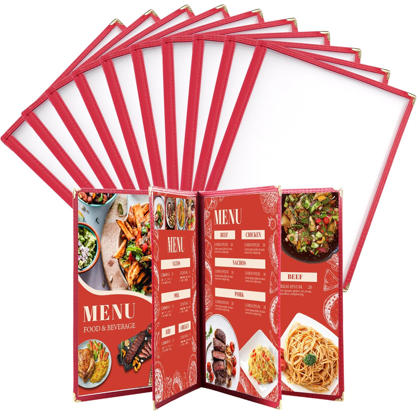 FLKQC 10 Pack 8 View Restaurant Menu Covers, Fits 8.5" x 11" Paper, Transparent Recipe Menu Covers Holders for Kitchen, Drink, Wine Menu Covers Burgundy (10, 8.5"x 11" (4 Page, 8 View))