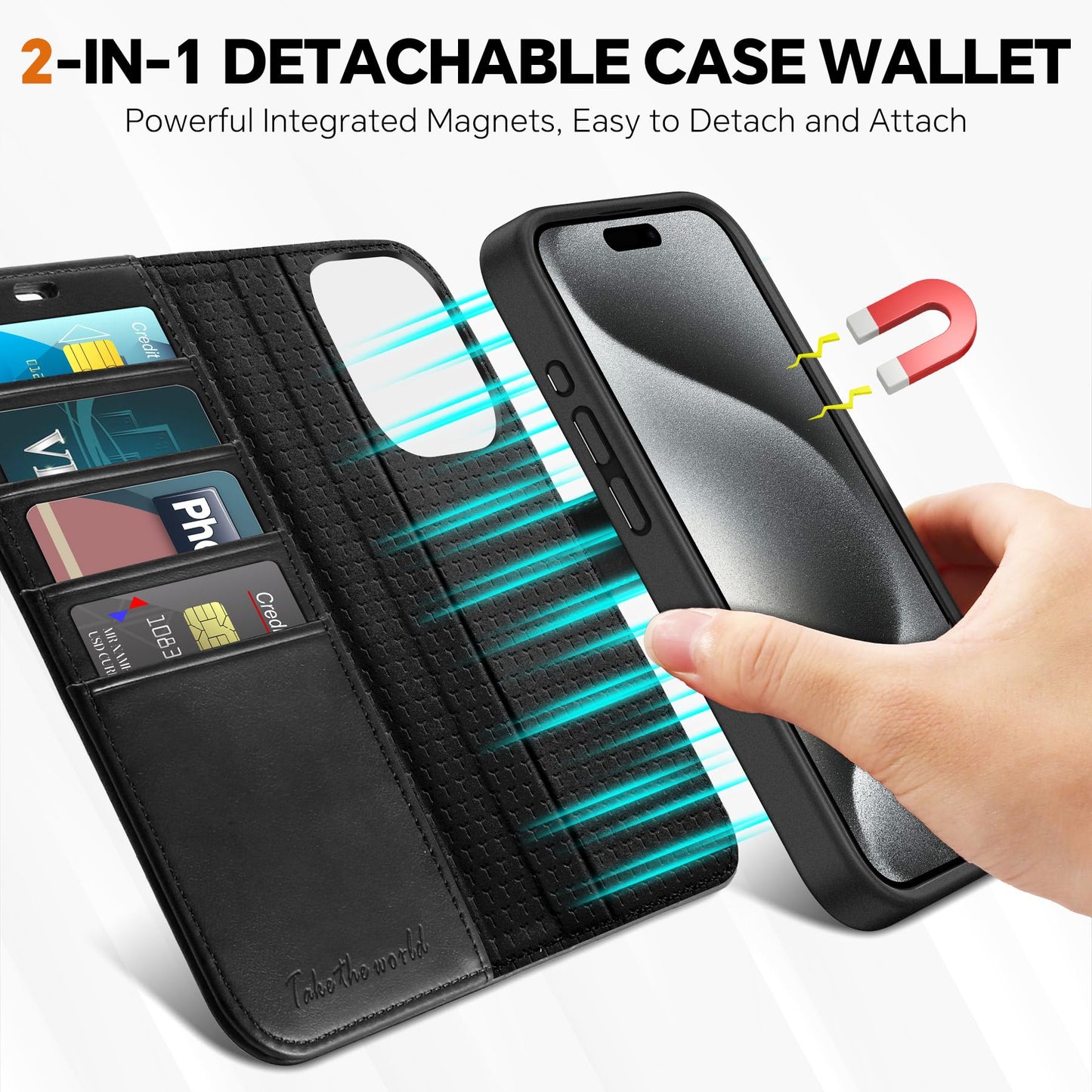 TUCCH Case Wallet for iPhone 15 Pro, Detachable Stand RFID Blocking 4 Card Slot Wireless Charging Shockproof Case, 2-in-1 Magnetic PU Leather Removable Folio Compatible with iPhone 15 Pro 6.1", Black