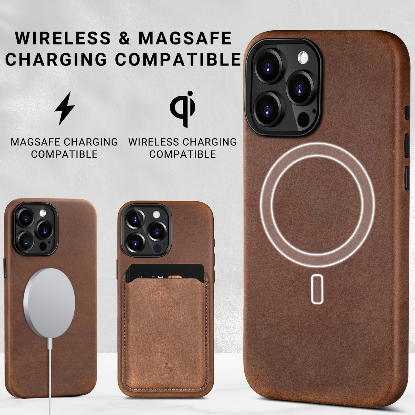 Belemay Compatible with iPhone 15 Pro Leather Case Magsafe - Top Grain Vintage Crazy Horse Leather - Metal Buttons & Camera Bezel Bump - Slim Fit & Soft - Premium Phone Cover (6.1-inch) Retro Brown