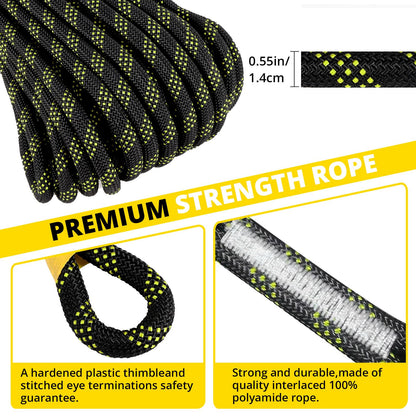 TRSMIMA Rope Harness Safety Lanyard：50ft Vertical Roofing Rope with Grab Snap Hooks Shock Absorber - Fall Protection Tree Climbing Line Kit Heavy Duty Roof Safety Equipment ANSI CE