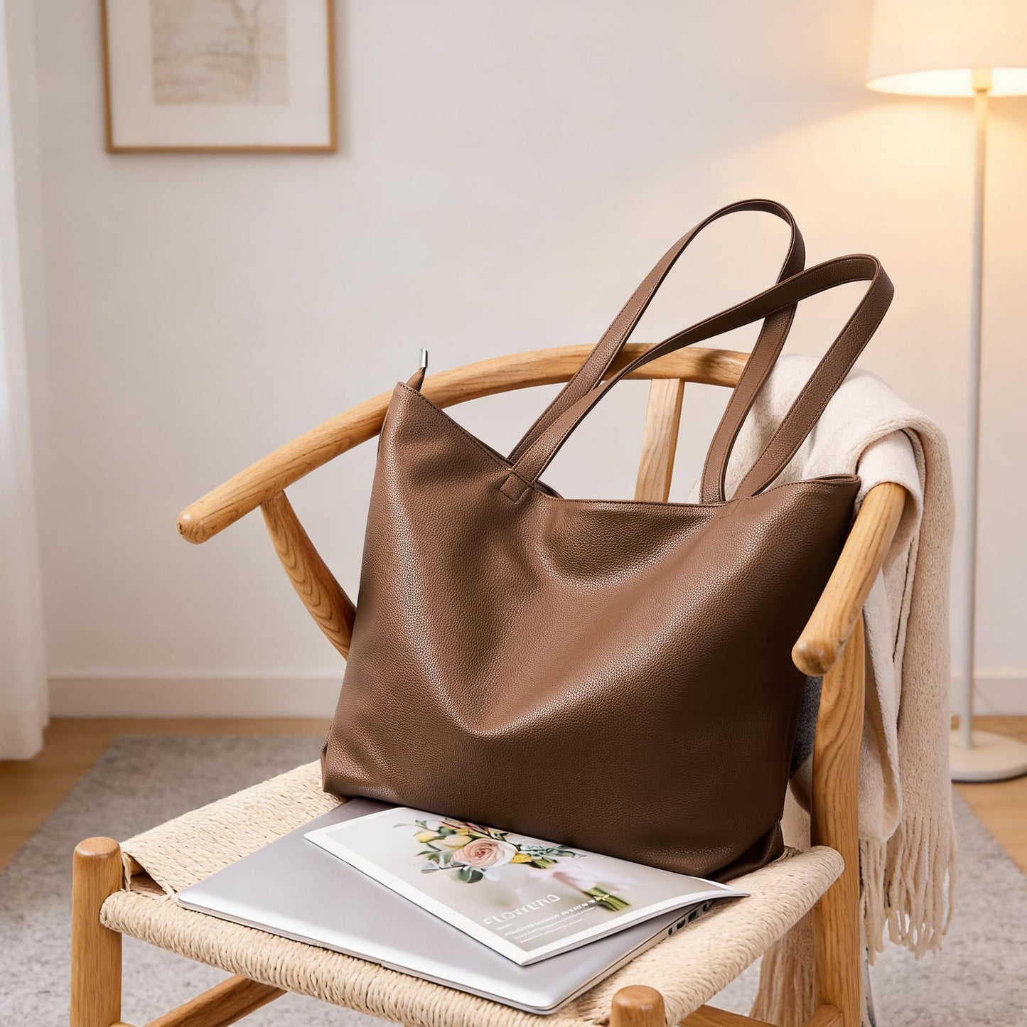 WLLWOO Soft Vegan Leather Tote Bag for Women Large Casual Hobo Handbags Zipper Shoulder Work Daily Weekender Travel Purse, Coffee