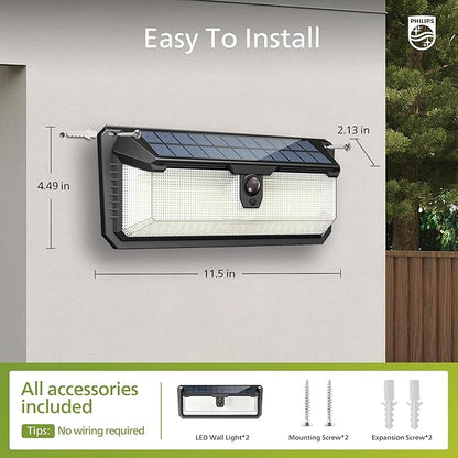 Philips Solar Lights Motion Sensor Outdoor, 258 LEDs Solar Powered Security Lights, 3 Lighting Modes, Waterproof Wall Light for Outside Yard Fence Garden Garage