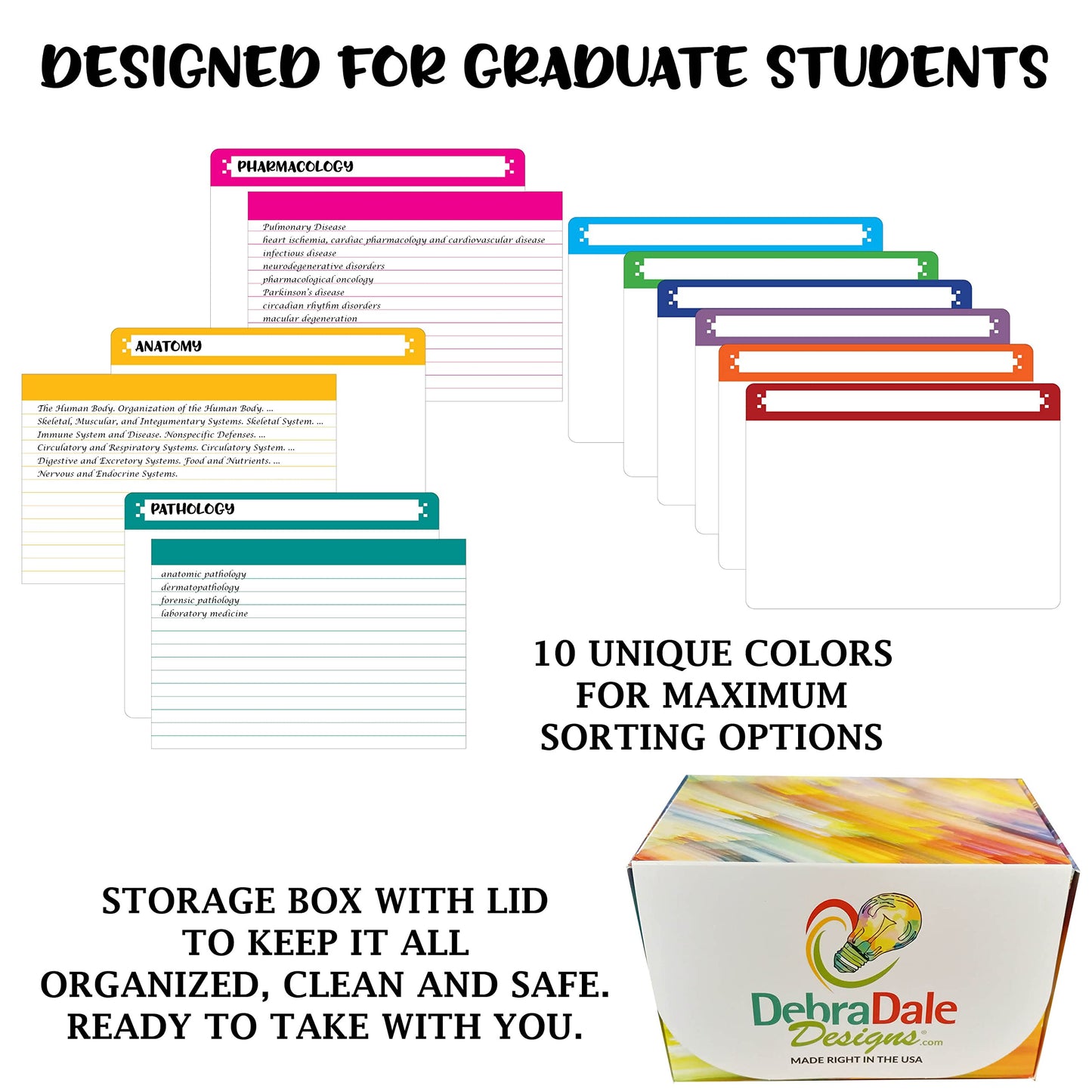 Debra Dale Designs Made in USA 350 color bar ruled index cards, matching color-coded dividers, and storage box on standard 110# white index card stock