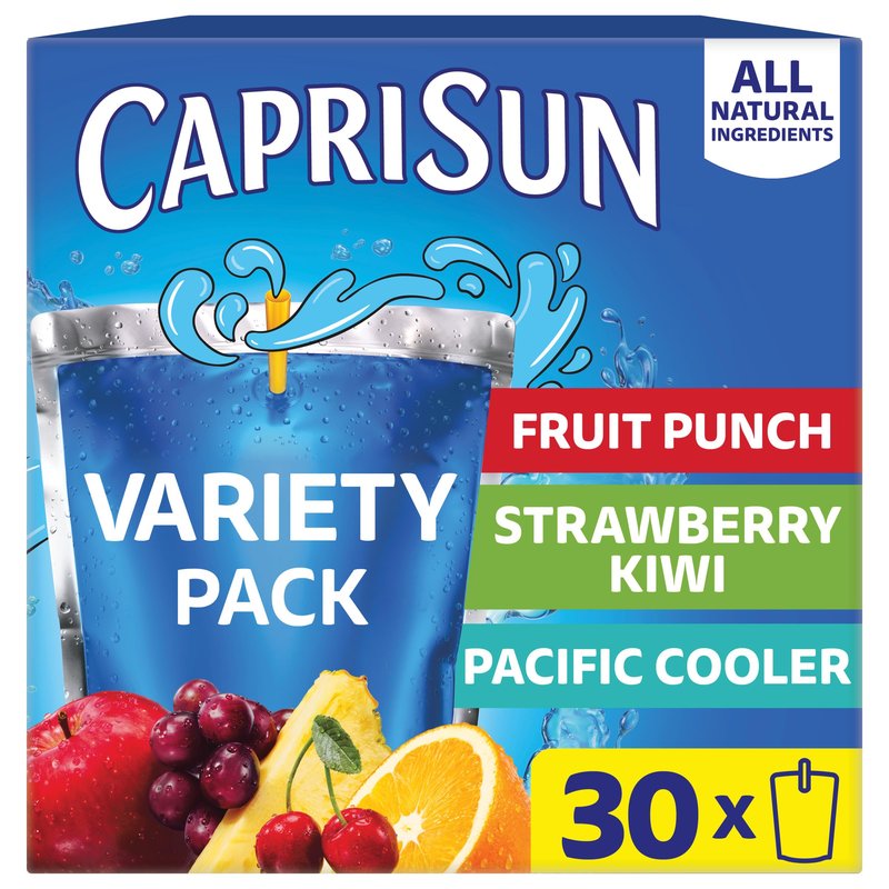 Capri Sun Flavored with Other Natural Flavor Juice Drink Blend, 30 Pouches, for School Lunches and On-the-Go Hydration, Fruit Punch, Strawberry Kiwi & Pacific Cooler, All Natural Ingredients, 6 fl oz