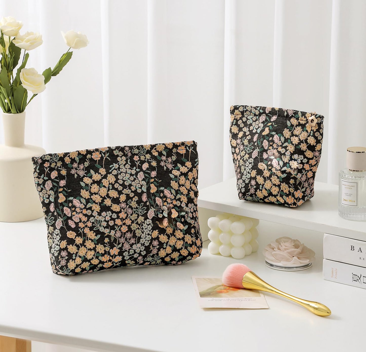 getgto 2 Pcs Makeup Bags, Large Cosmetic Bag Travel Toiletry Bag Organizer for Women, Embroidery Craft, Floral Makeup Bag Small Cosmetic Pouch Purse with Zipper Gifts for Girls Teen