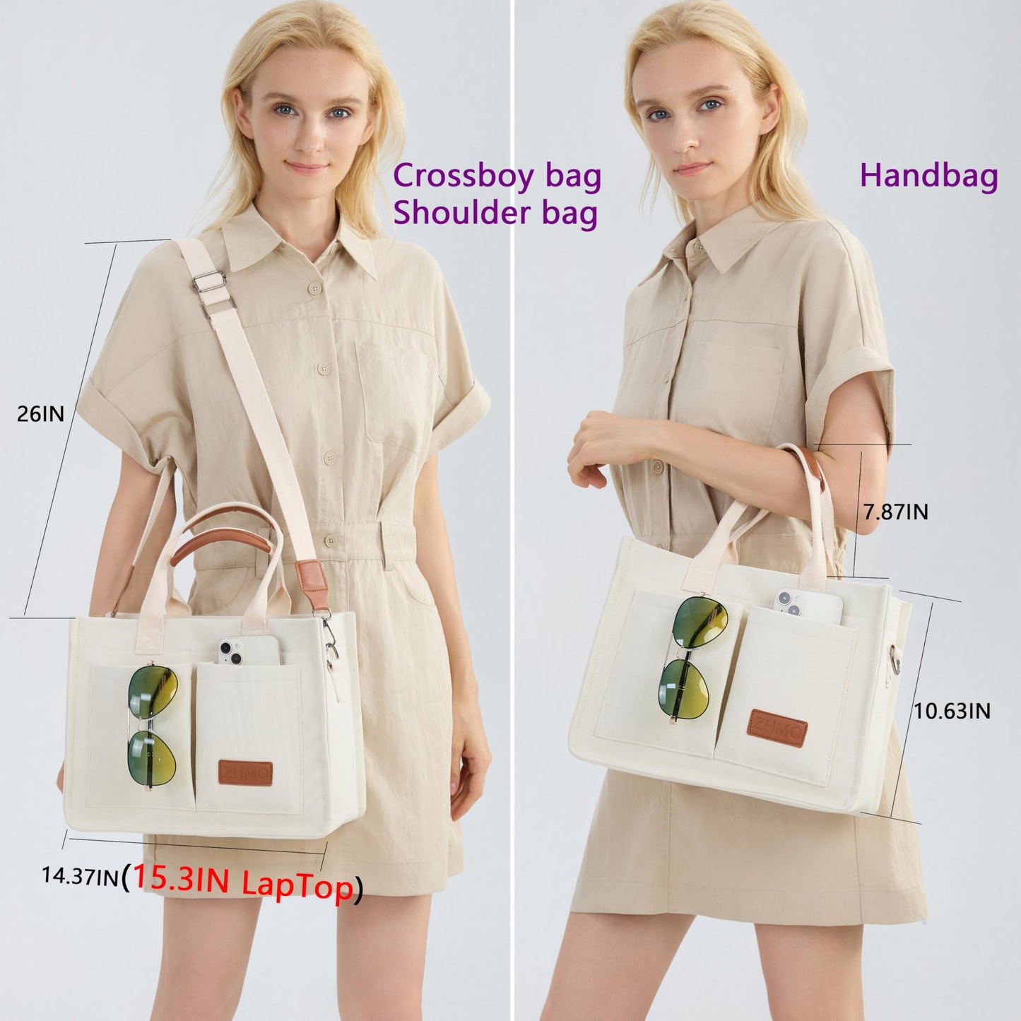 ZHMO Canvas Tote Bag with Compartments, Top Handle and Pockets for Women, Purse Crossbody Laptop Satchels Shoulder Handbags for Work, Book, Travel, Nurse, Church, Gym, Beach, Office, Beige, Large